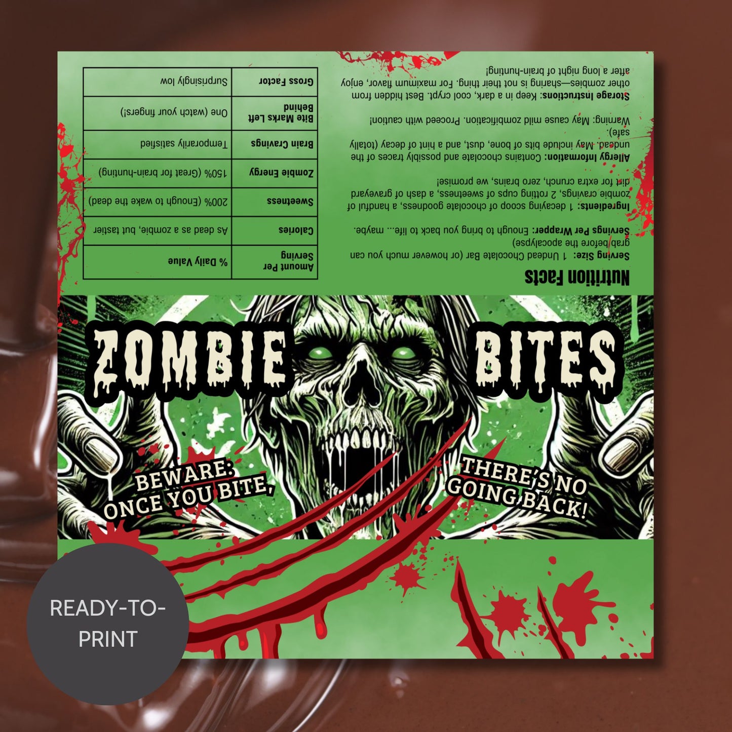 Printable and editable zombie-themed Halloween chocolate bar wrapper featuring a scary zombie design, perfect for trick-or-treat and spooky parties.