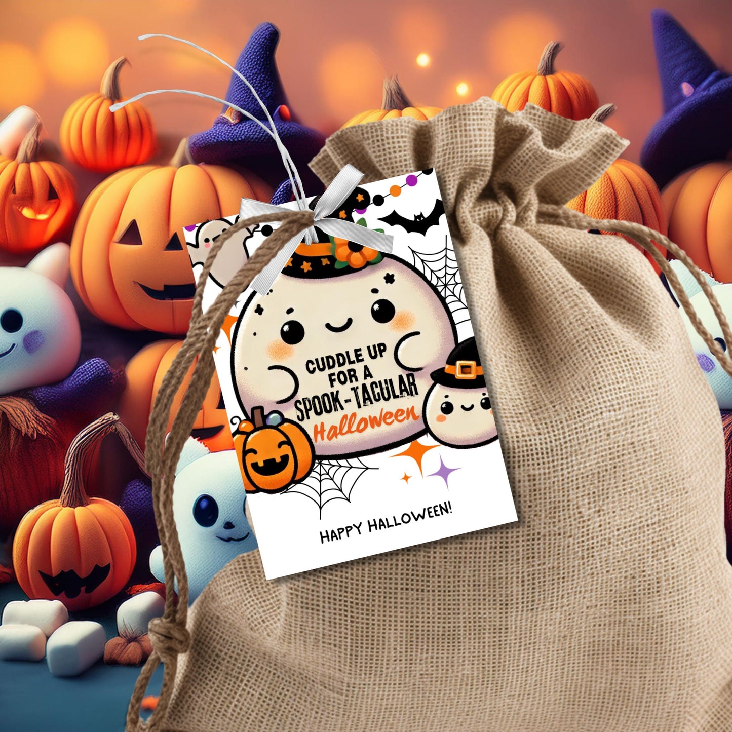 A set of cute, Squishmallow-themed Halloween gift tags featuring an adorable squishy ghost and pumpkin with witch hats. The tags say "Cuddle up for a Spook-Tacular Halloween!" Perfect for Squishmallow fans, these tags are 2.5 x 3.5 inches, laid out 8 per sheet, with a printable PDF and editable template included.