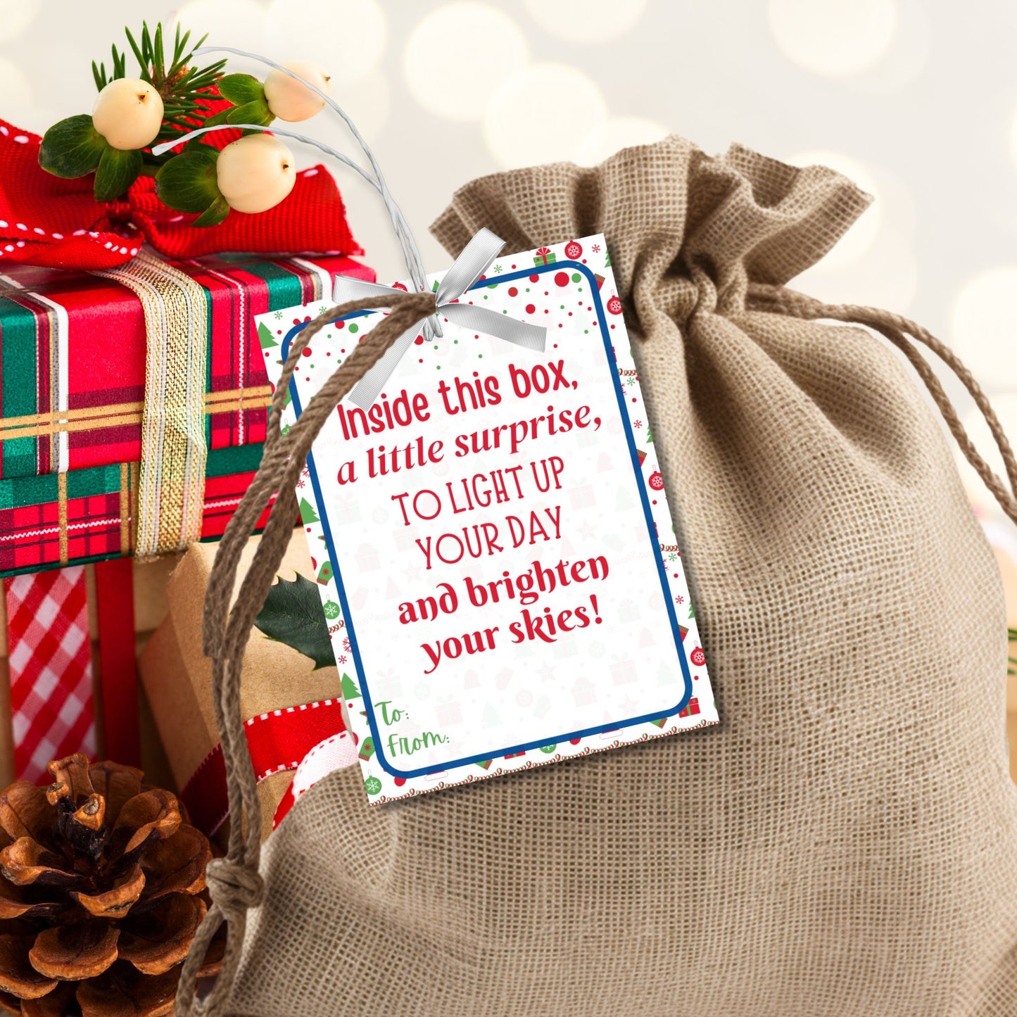 Festive holiday gift tags with the message, "Inside this box, a little surprise, to light up your day and brighten your skies." Includes printable PDF and editable Canva template.