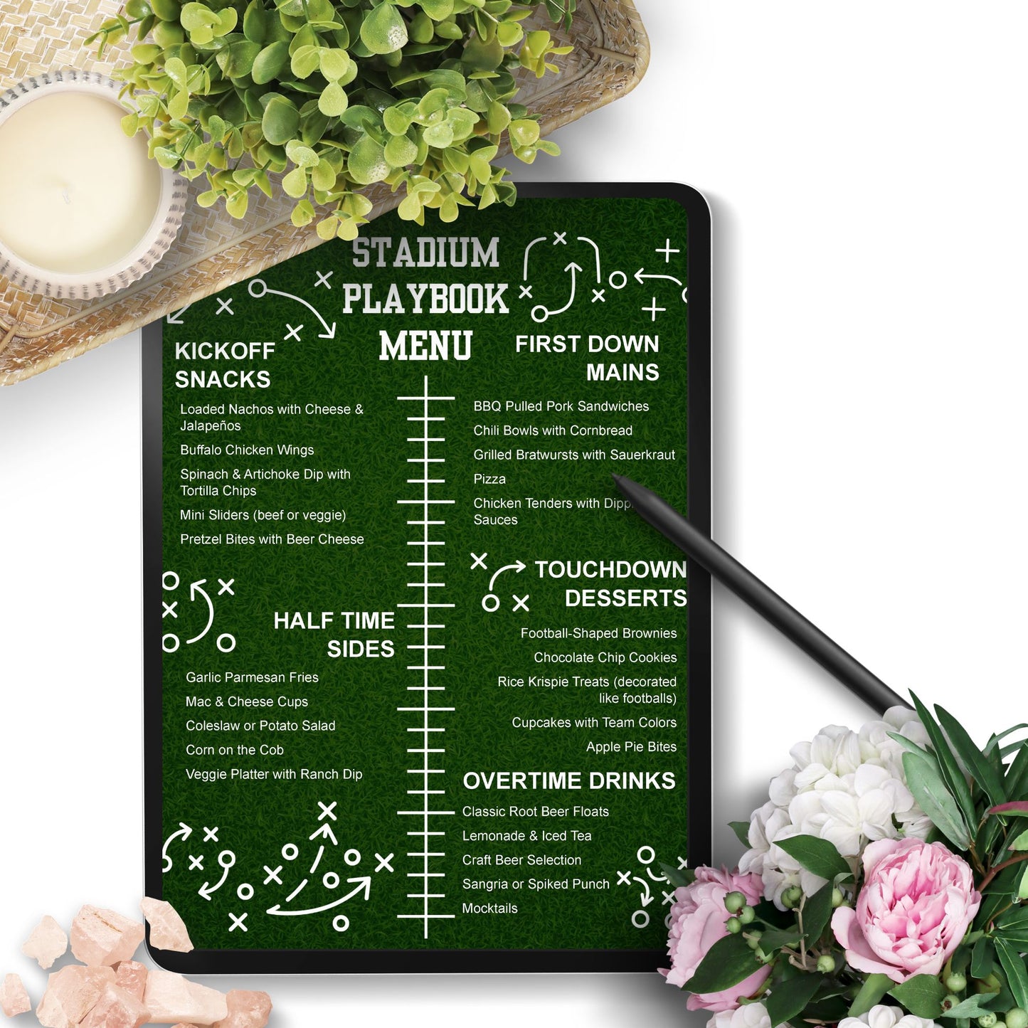 Editable Stadium Playbook Menu Template with game day sections like Kickoff Snacks, First Down Mains, and Touchdown Desserts; perfect for NFL parties, tailgates, and Super Bowl menus.