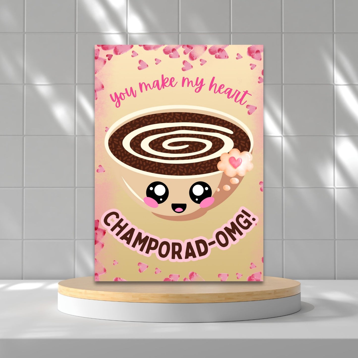 Printable Valentineās Day card featuring the phrase āYou Make My Heart ChamporadOMGā with a Filipino Champorado-inspired design. Designed as a 5x7 PDF on an 8.5 x 11 sheet with two cards per page. A punny and heartfelt Valentineās card for Filipino food lovers.