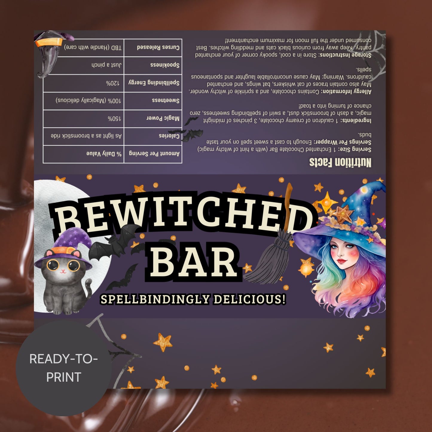 Printable and editable witch and cat-themed Halloween chocolate bar wrapper featuring a colorful witch and black cat, perfect for Halloween treats and parties.