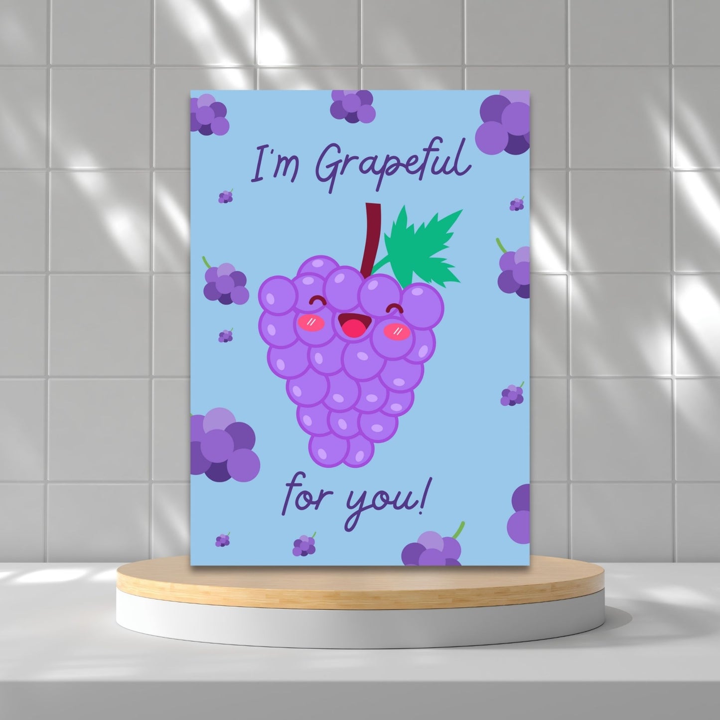 Printable Valentineās Day Greeting Card featuring the phrase āIām Grapeful for Youā with a grape theme. Designed as a 5x7 PDF on an 8.5 x 11 sheet with two cards per page. A sweet and punny Valentineās card for loved ones.