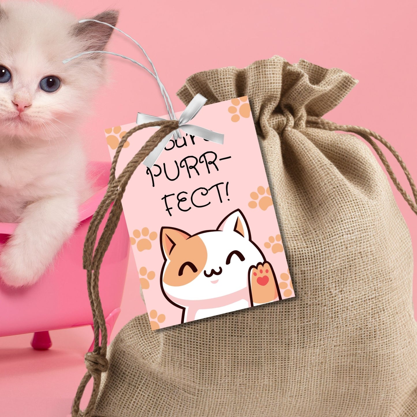 Editable International Cat Day gift tags, perfect for cat-themed parties or gifts for cat lovers, laid out on an 8.5 x 11-inch sheet with 8 tags per sheet