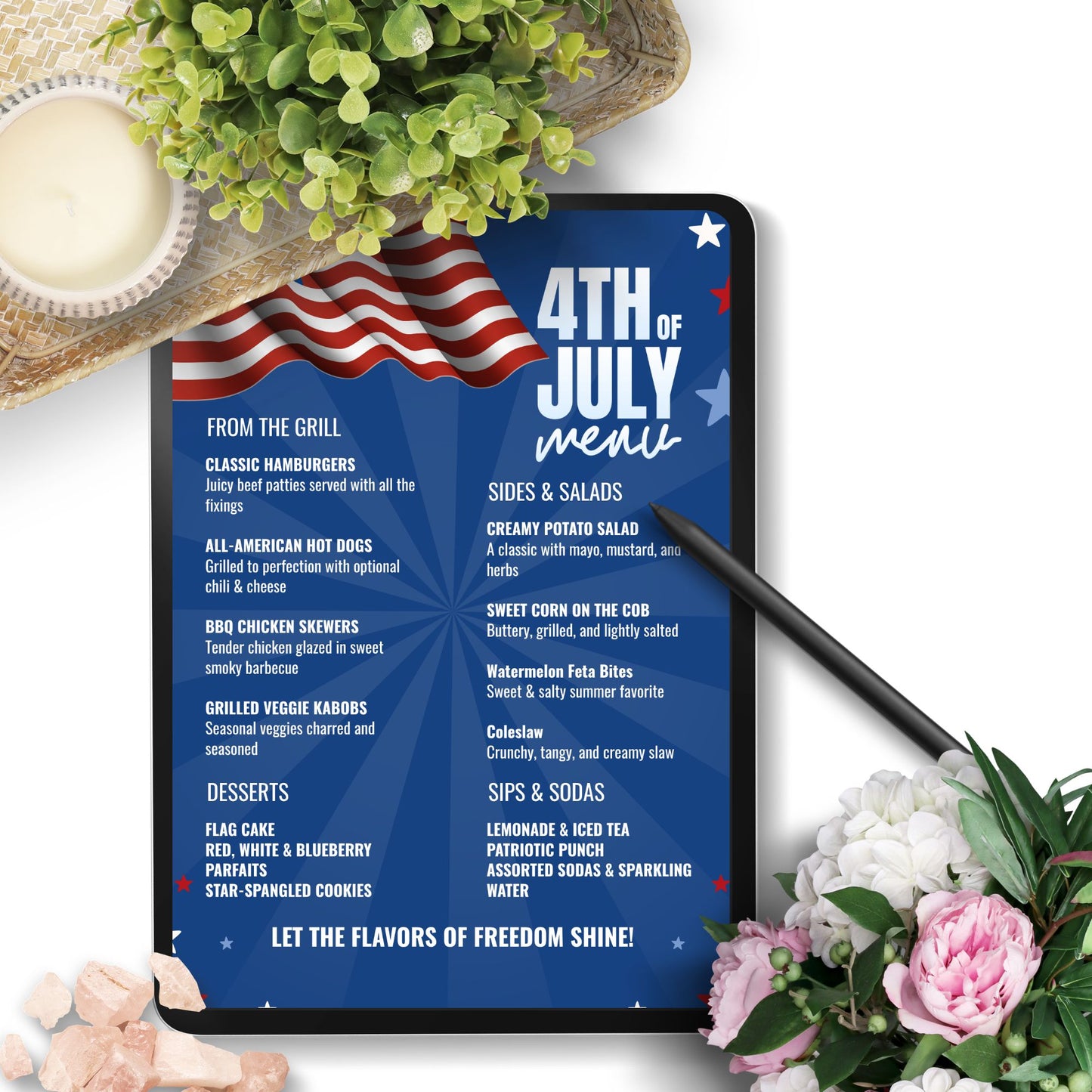 Editable 4th of July BBQ menu with patriotic red, white, and blue theme featuring food sections for grilling, sides, desserts, and drinks – fully customizable in Canva, printable in 8.5x11 format.