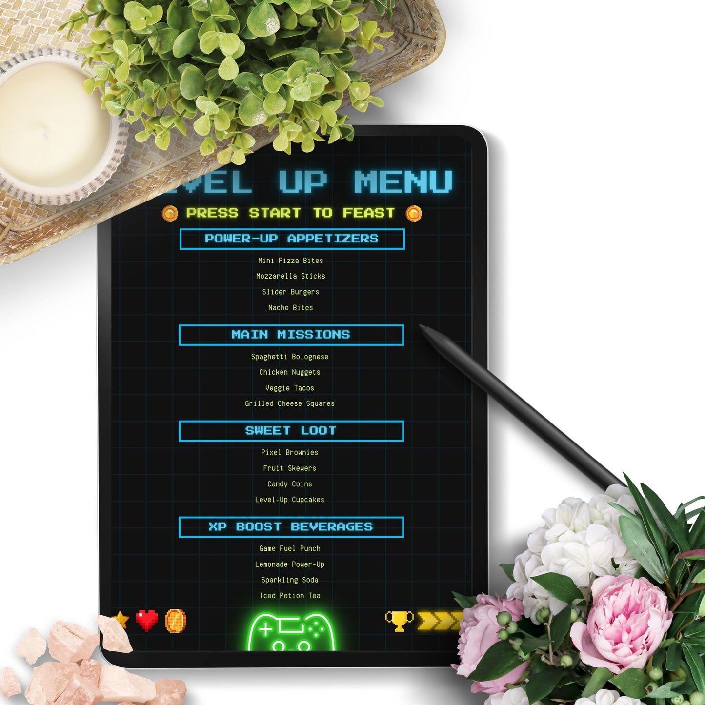 Editable video game-themed menu titled “Level Up Menu” with categories like Power-Up Appetizers, Main Missions, and XP Boost Beverages. Canva template sized 8.5 x 11 inches.