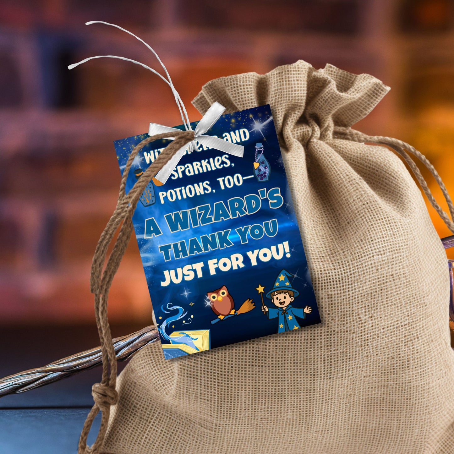 Gift tag with wizard design on a burlap bag against a blurred background