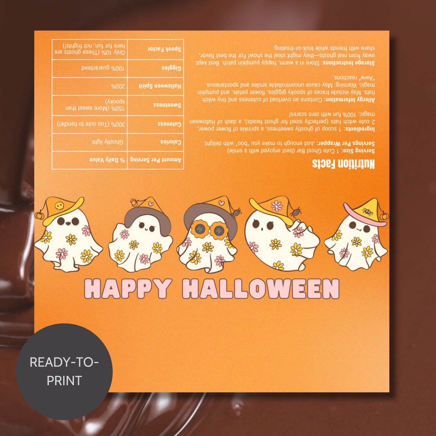 Printable and editable cute ghost-themed Halloween chocolate bar wrapper featuring pastel ghosts in witch hats, perfect for Halloween treats and parties.