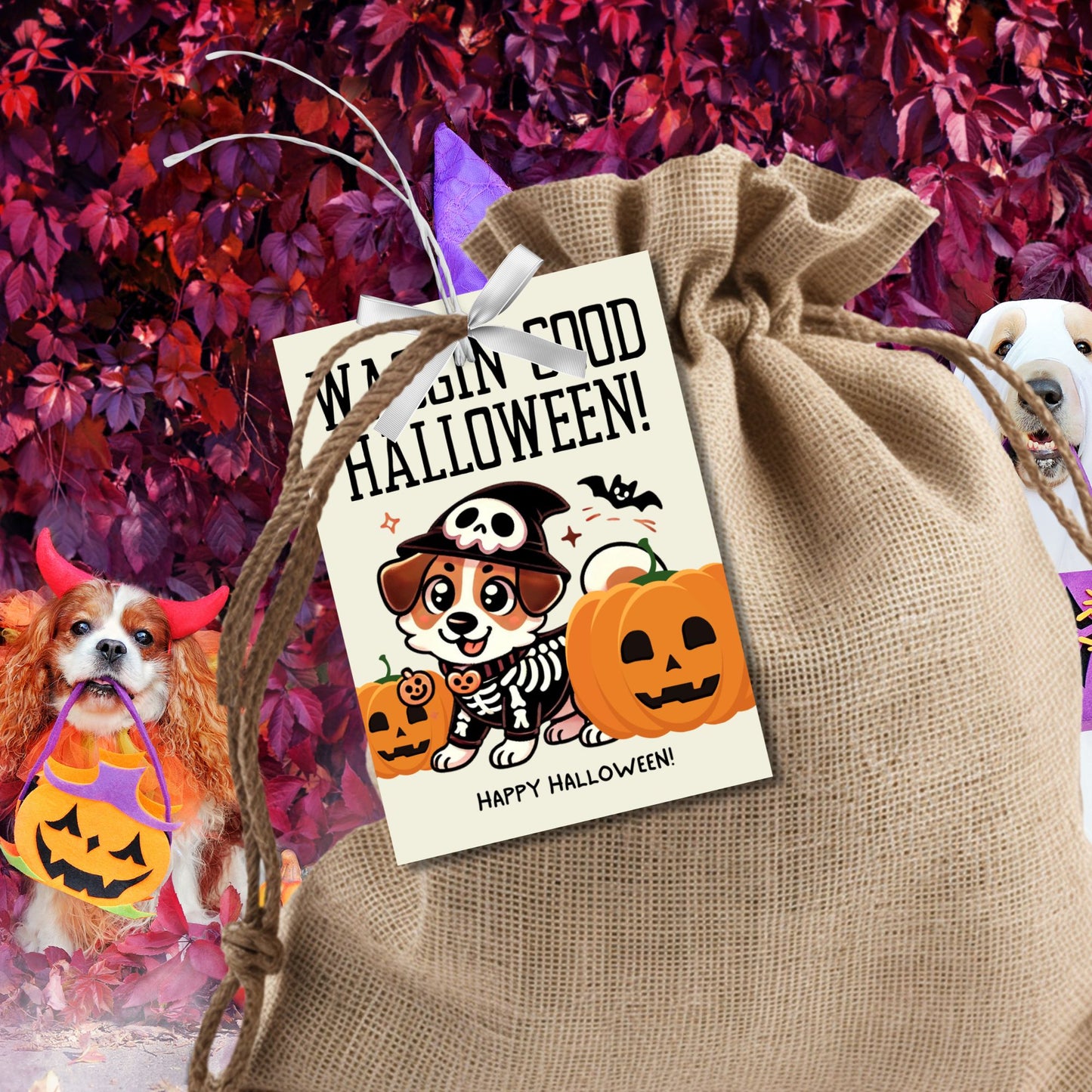 Dog-themed printable Halloween gift tags featuring an adorable dog dressed in a skeleton costume with pumpkins and the message "Waggin' Good Halloween!" Tags are 2.5 x 3.5 inches, laid out 8 per sheet on an 8.5 x 11-inch page. Includes a printable PDF and a PDF with a link to an editable Canva template.