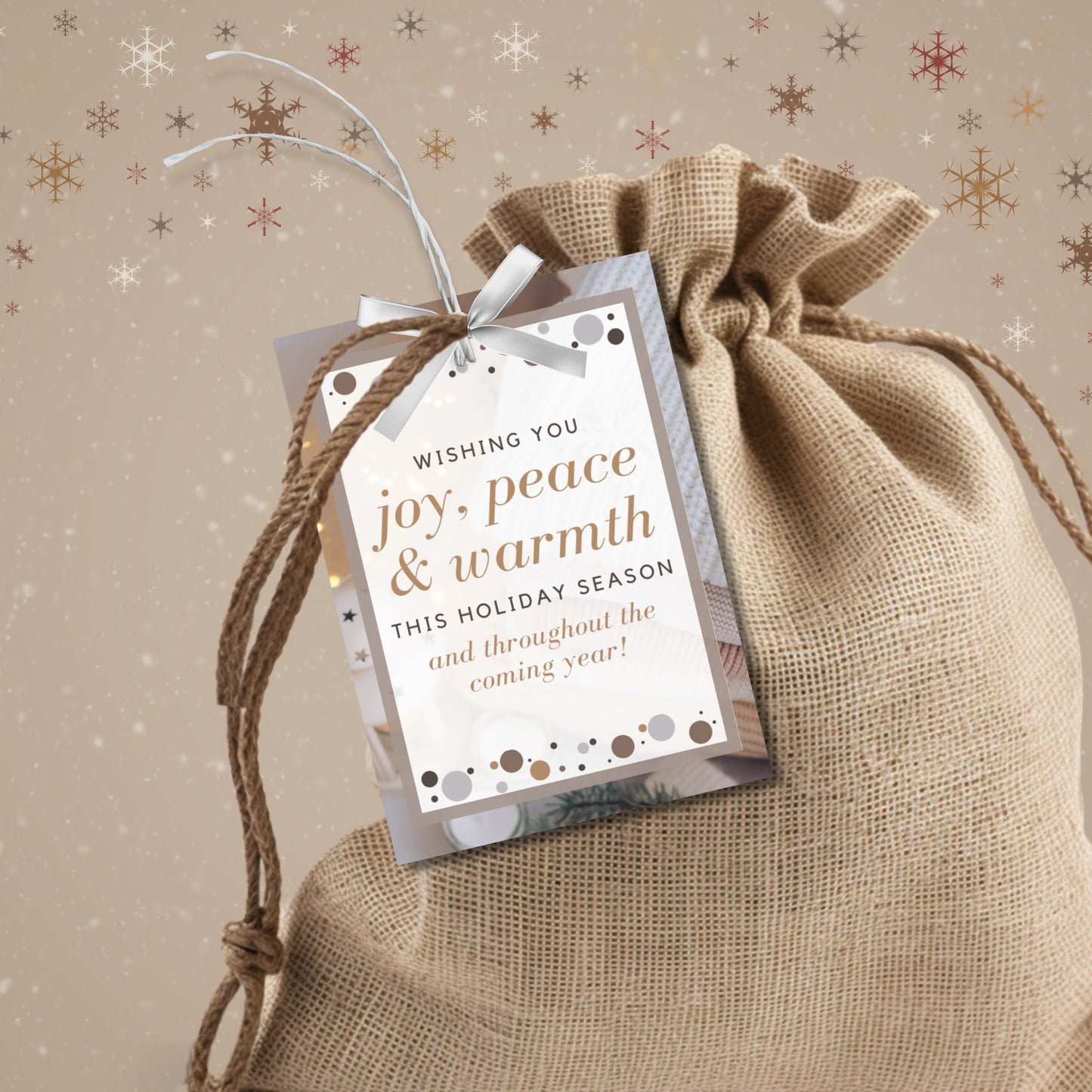 A set of eight printable and editable Christmas gift tags featuring a warm Beige Winter Delight palette with golden accents and a festive message. Perfect for elegant, minimalist gift wrapping. Each tag measures 2.5 x 3.5 inches, laid out on an 8.5 x 11-inch sheet.