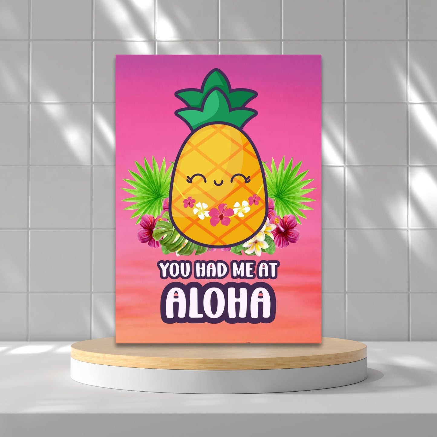Printable Valentineās Day Greeting Card featuring the phrase āYou Had Me at Alohaā with a tropical theme. Designed as a 5x7 PDF on an 8.5 x 11 sheet with two cards per page. A fun and sunny Valentineās card for loved ones.