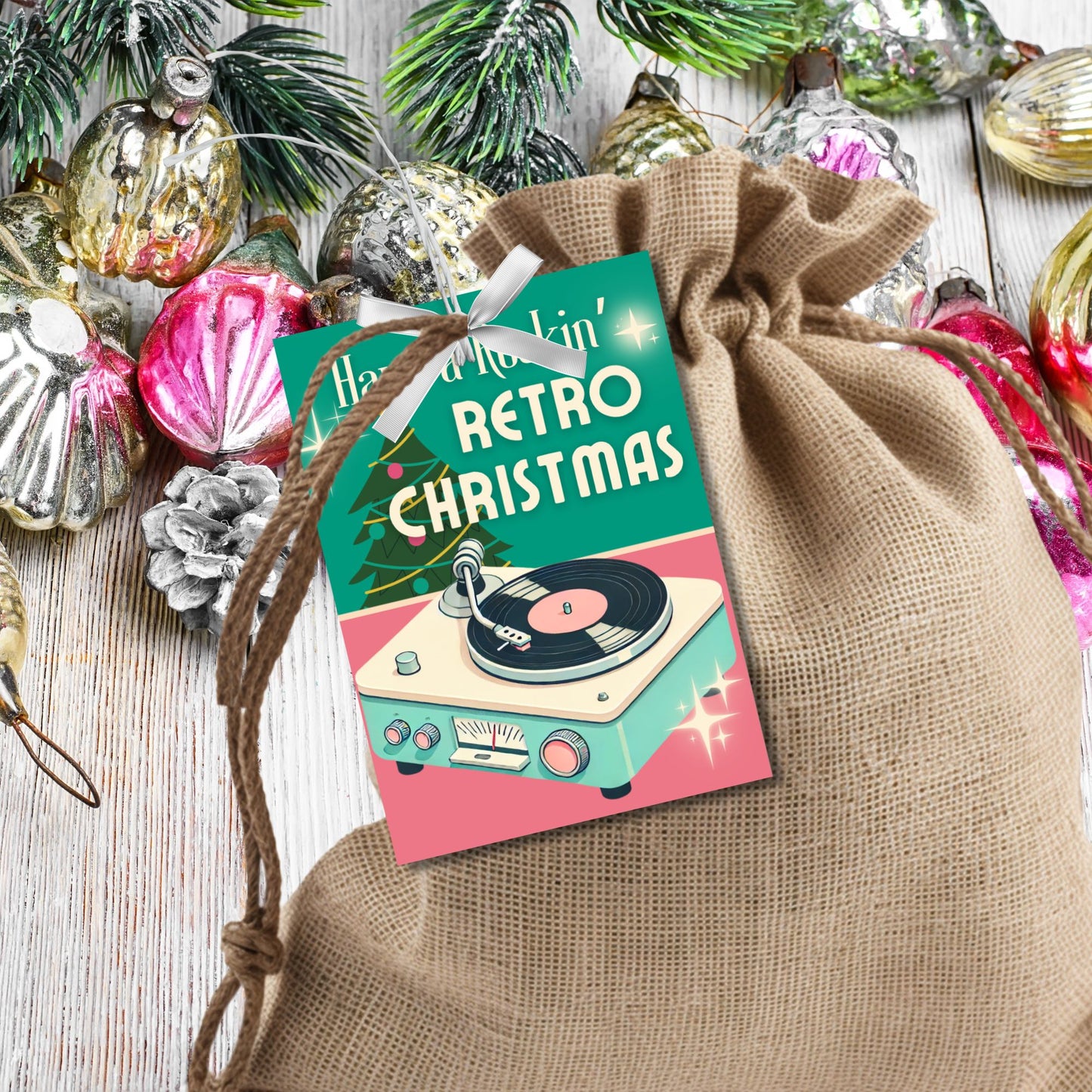 Retro Christmas gift tags featuring a vintage record player and festive Christmas tree, with the text "Have a Rockin' Retro Christmas." Editable and printable tags to add a nostalgic touch to holiday gifts.