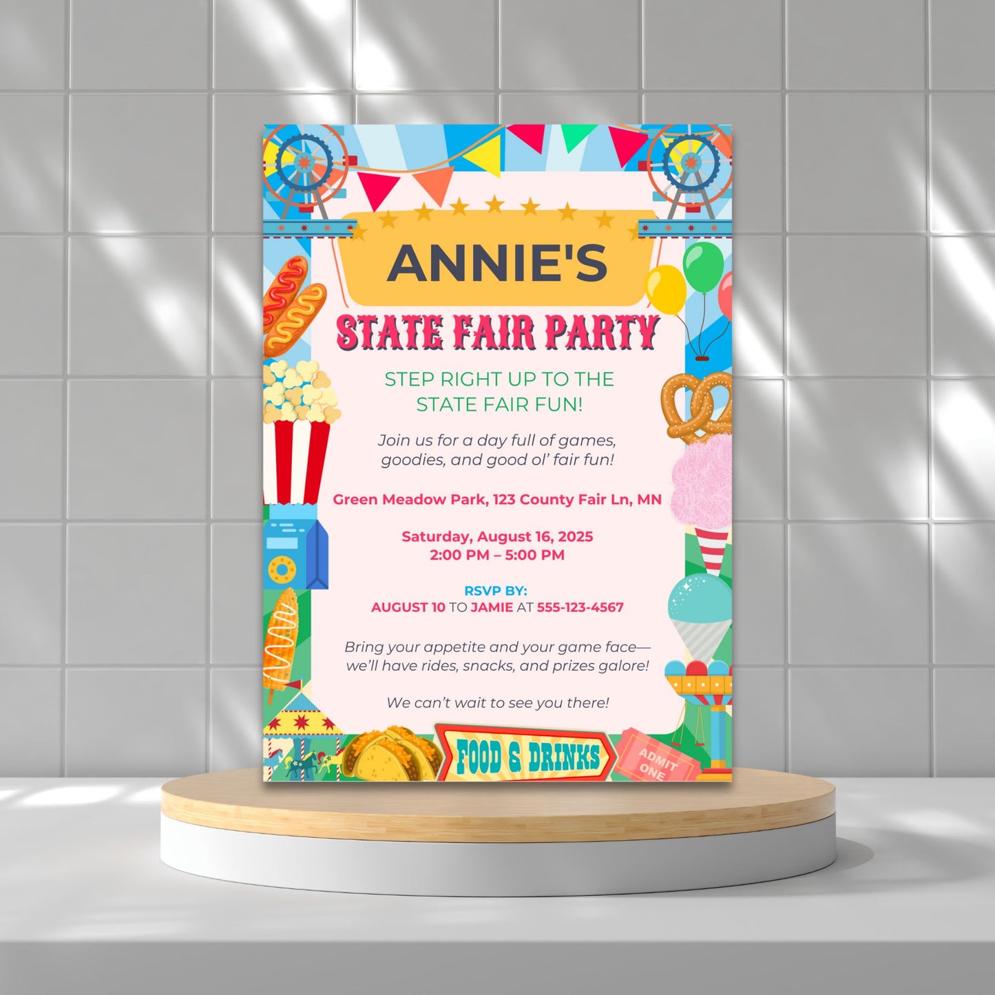 Editable State Fair Party Invitation with Ferris wheels, popcorn, cotton candy, hot dogs, and colorful fair elements; 5x7 Canva template printable for birthdays or summer events.