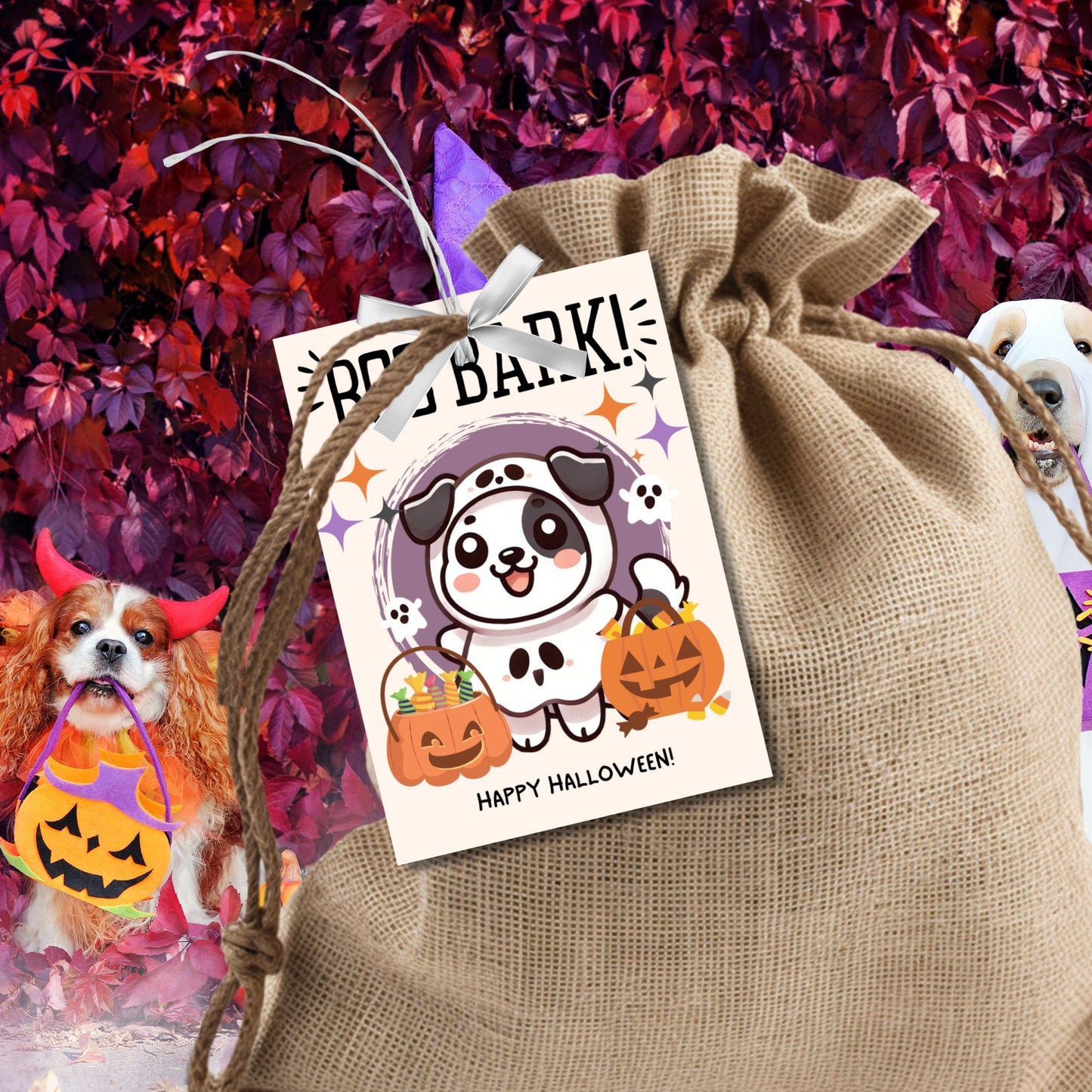 Printable Halloween gift tags featuring an adorable dog dressed in a Halloween costume with the message "Boo Bark!" Tags are 2.5 x 3.5 inches, laid out 8 per sheet on an 8.5 x 11-inch page. Includes a printable PDF and a PDF with a link to an editable Canva template.