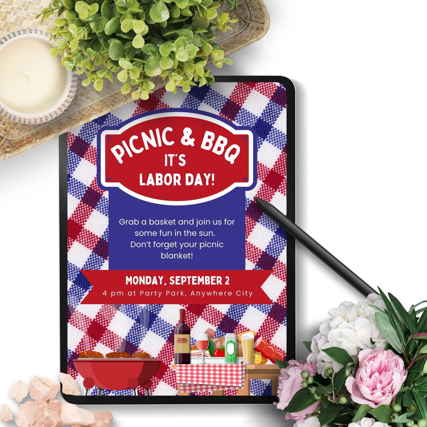 Picnic-themed Labor Day BBQ invitation featuring a red, white, and blue checkered blanket design with BBQ and picnic elements.