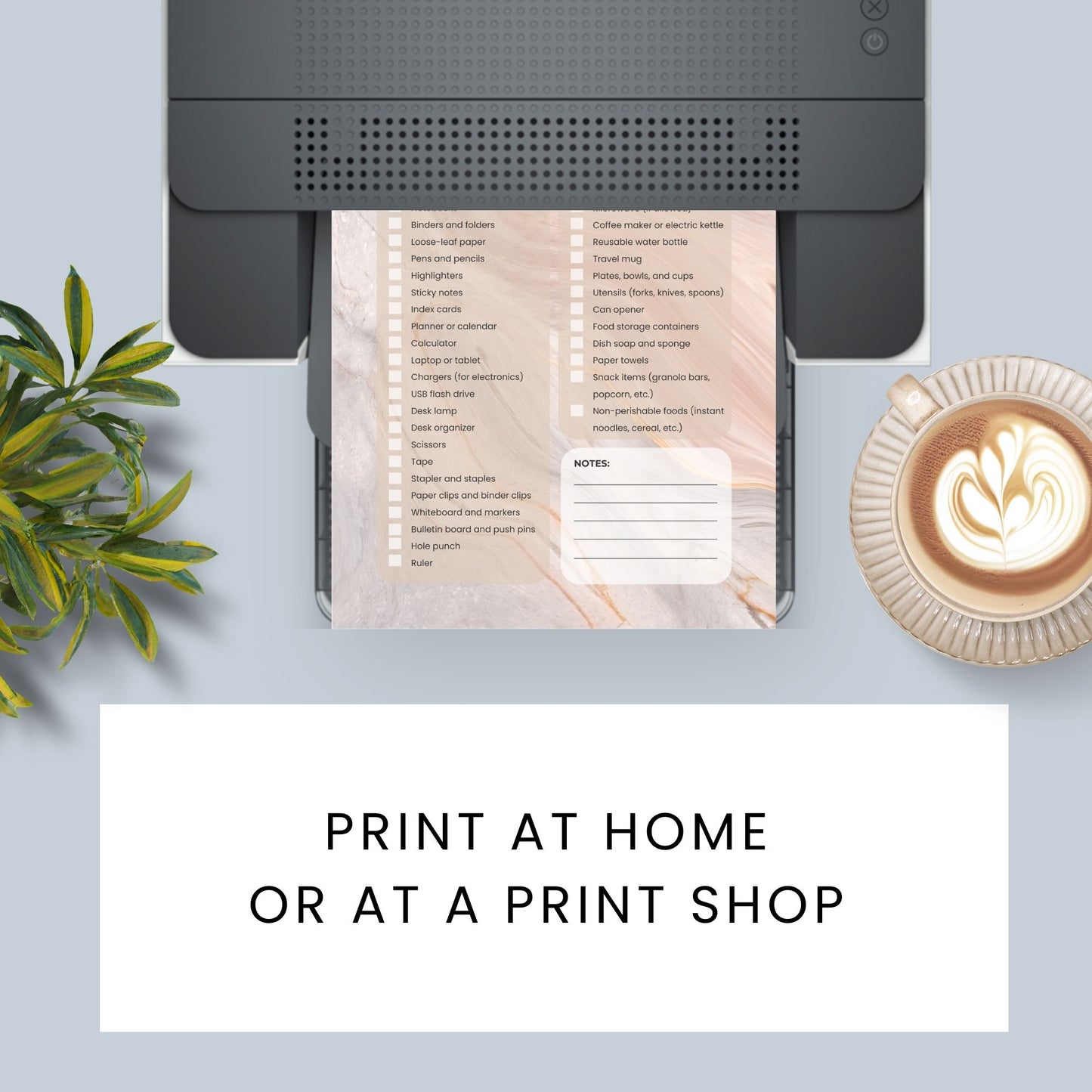 Printable Dorm Checklist with a stylish taupe marble design, listing all essential items for college students