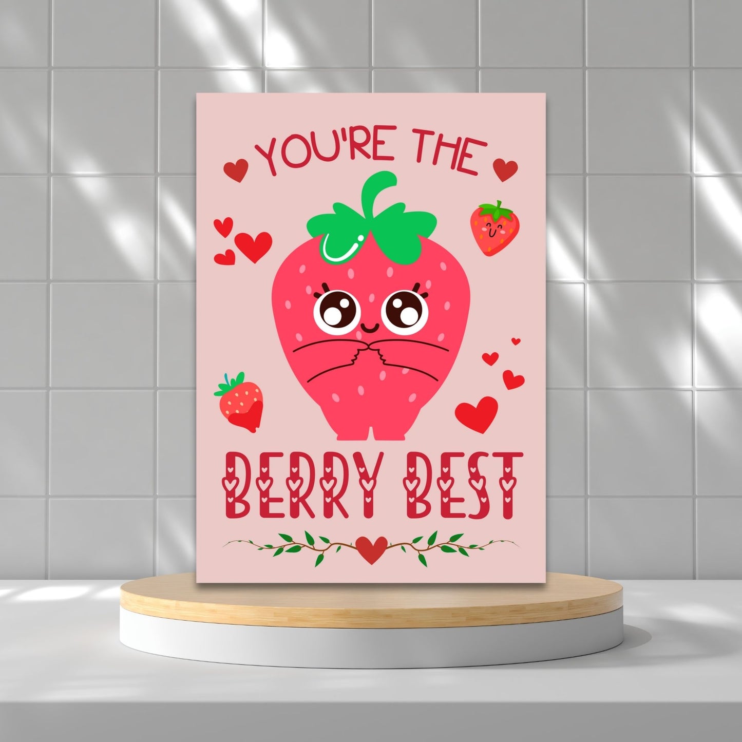 Printable Valentineās Day Greeting Card featuring the pun āYou're the Berry Best.ā Designed as a 5x7 PDF on an 8.5 x 11 sheet with two cards per page. A cute and heartfelt Valentineās card for loved ones.