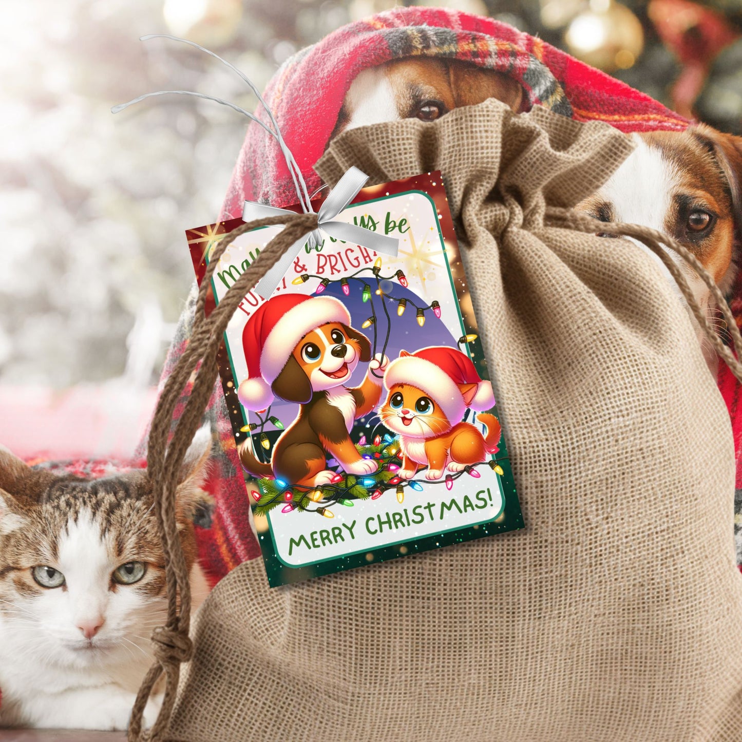 Christmas gift tags featuring a cute dog and cat in Santa hats, surrounded by festive holiday lights with the message "May Your Days Be Furry & Bright." These printable and editable tags are perfect for pet-themed holiday gifts.