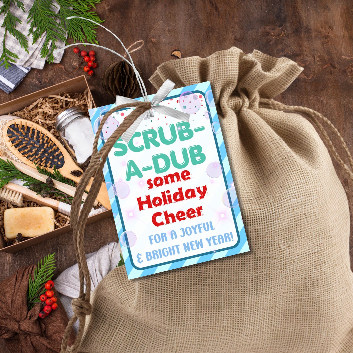 Cheerful Scrub-a-Dub-themed holiday gift tags featuring playful bubbles and a festive design, perfect for loofahs, body scrubs, or bath set gifts.