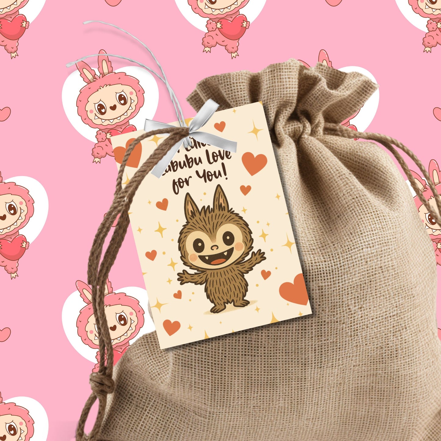 Gift bag with a cute creature illustration and a pink background with cartoon characters.