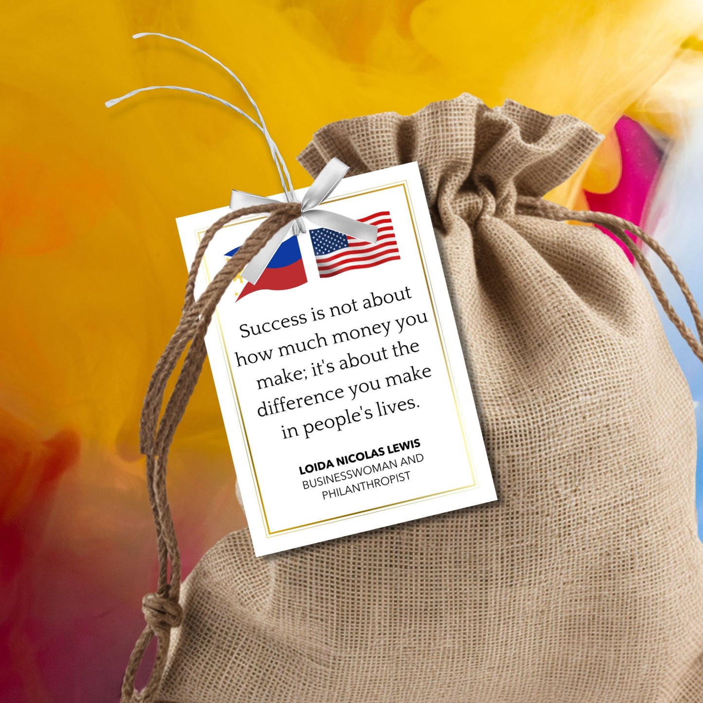 A set of 16 printable and editable Filipino-American Heritage Month gift tags featuring quotes from influential Filipino-Americans. The tags are 2.5 x 3.5 inches, displayed on an 8.5 x 11-inch layout, celebrating culture and pride.