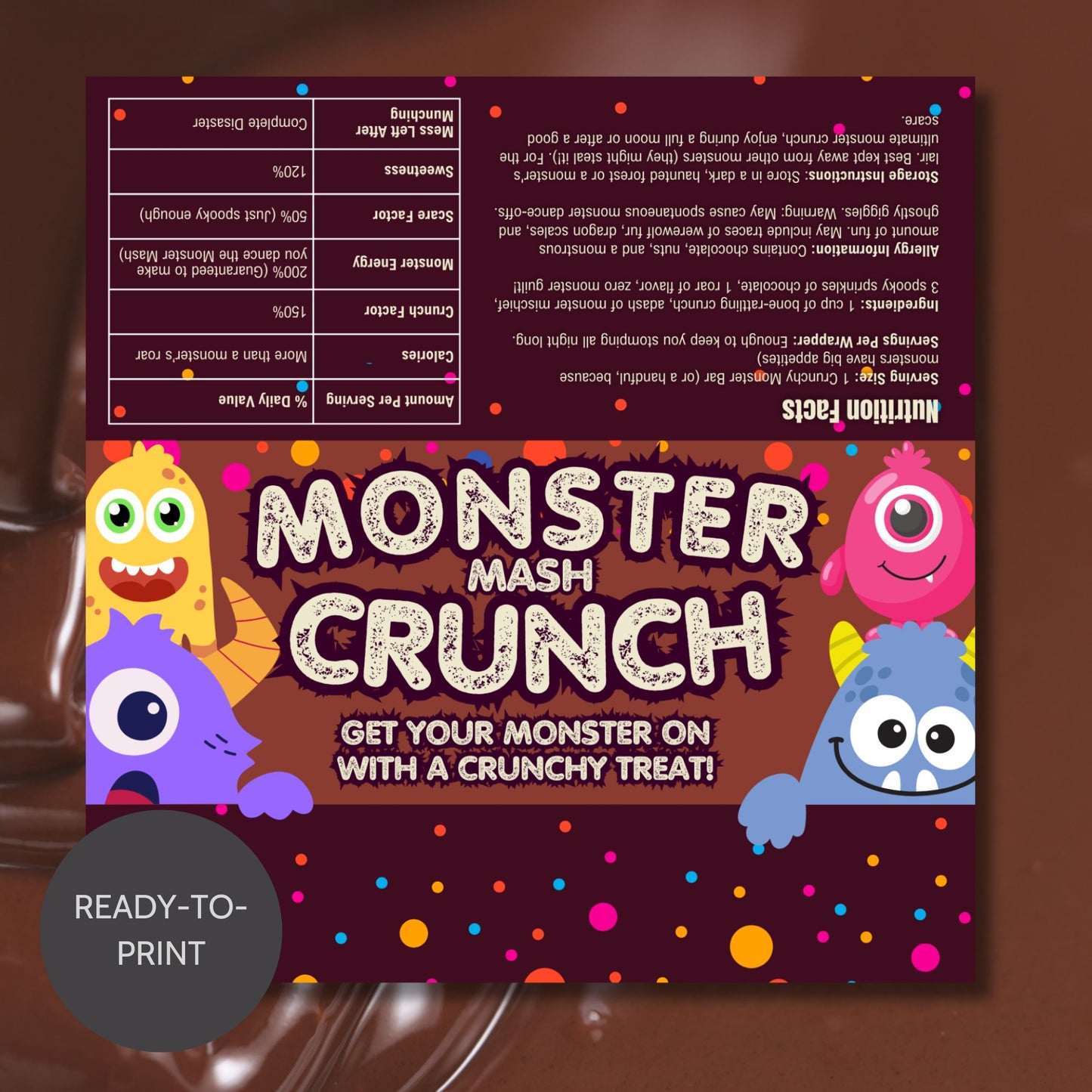 Printable and editable cute monster-themed Halloween chocolate bar wrapper featuring colorful, playful monsters perfect for Halloween parties and trick-or-treating.