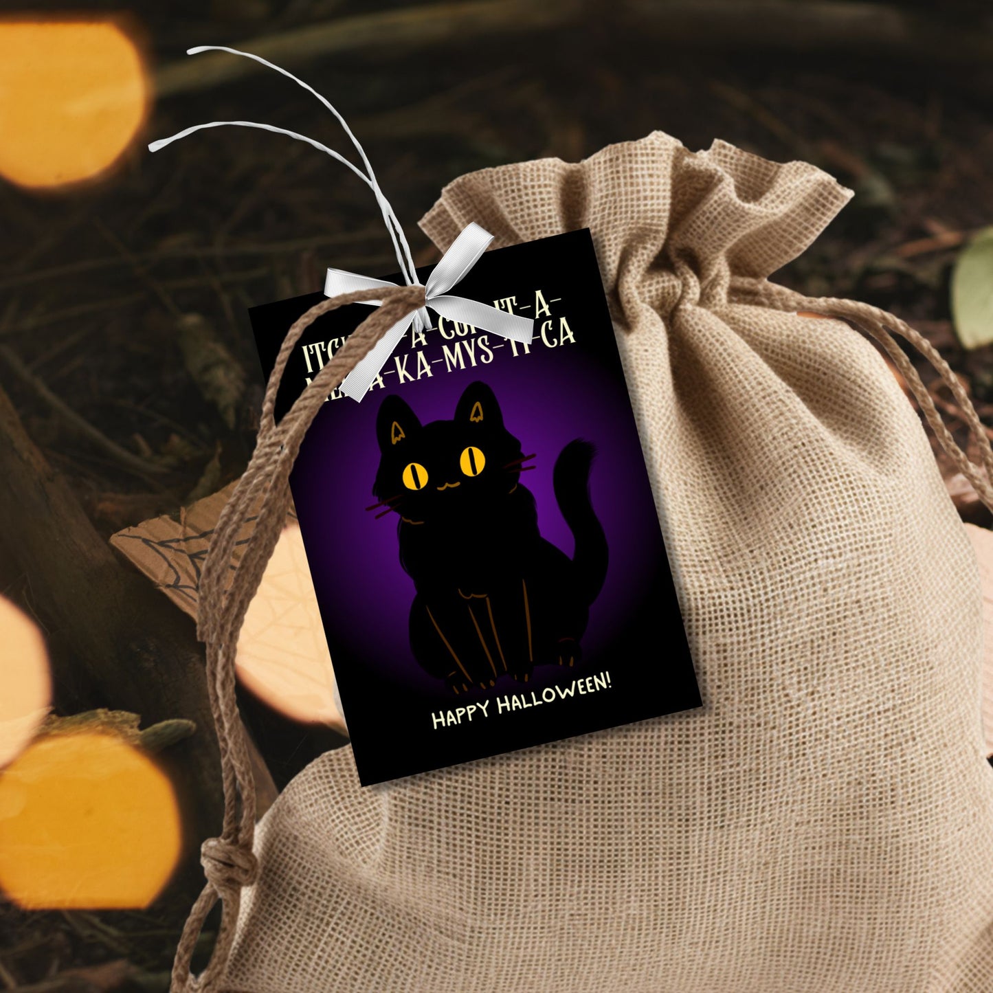 Printable Halloween gift tags featuring the famous "Hocus Pocus" cat chant with a black cat and a mysterious purple background, perfect for party favors or spooky gifts.