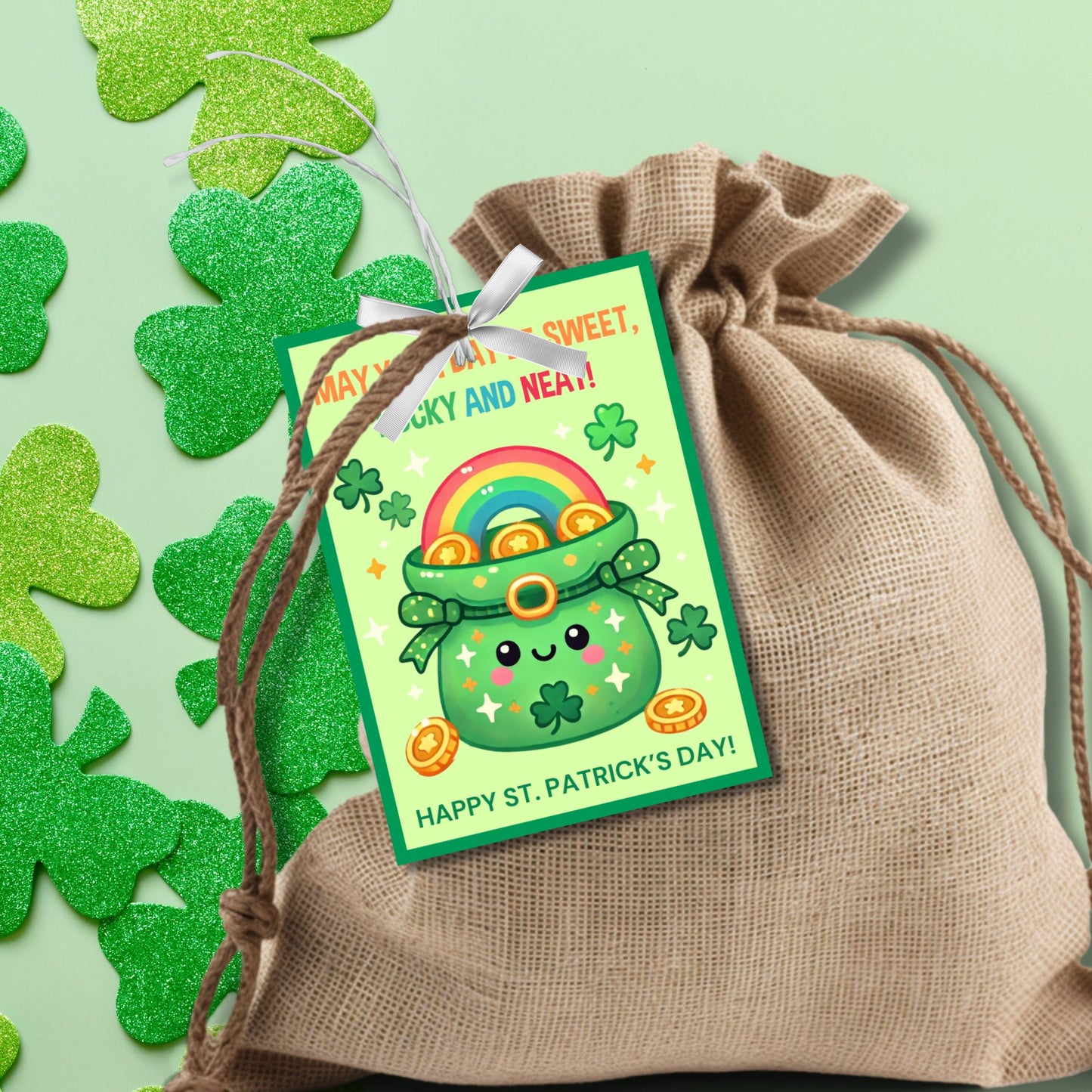 A fun and festive St. Patrick’s Day printable gift tag featuring a cute smiling pot of gold, shamrocks, and a rainbow, with the cheerful message “May Your Day Be Sweet, Lucky, and Neat!” The tags are 2.5 x 3.5 inches, laid out on an 8.5 x 11-inch sheet, 8 per page. Available as a printable PDF and an editable Canva template for personalization.