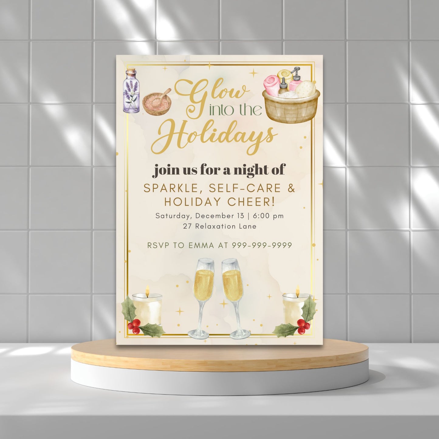 Invitation card for a holiday event with champagne glasses and self-care items on a gray tiled wall background.