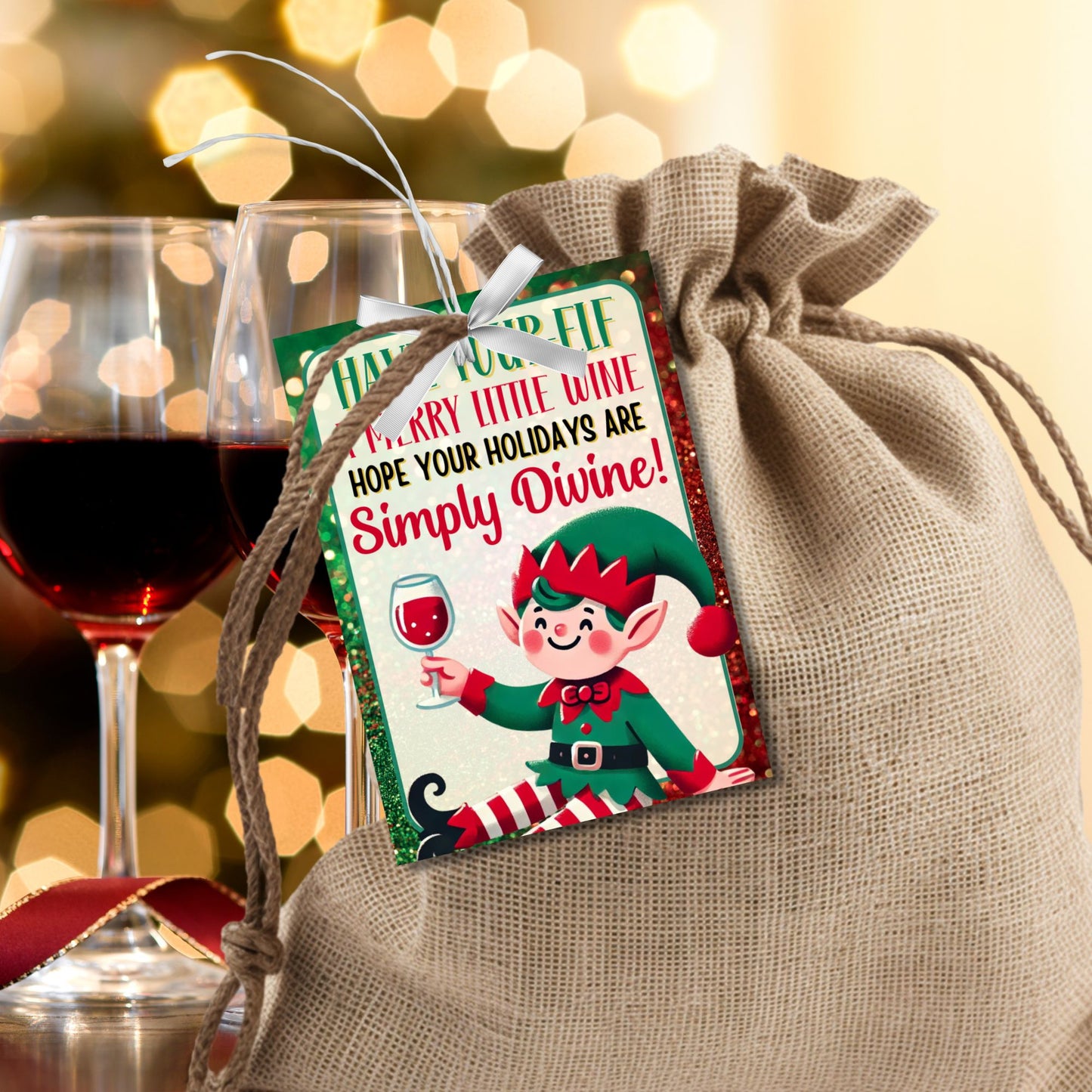 Christmas gift tags featuring a cheerful elf holding a glass of wine with the message "Have Your-elf a Merry Little Wine," perfect for holiday wine gifts. These printable and editable tags add a festive and humorous touch to wine presents.