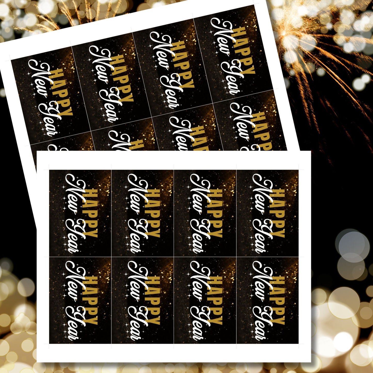 A set of ready-to-print New Year gift tags featuring bold gold and white lettering on a luxurious black background, adorned with sparkling gold effects. The "Happy New Year" message adds elegance and festivity to gift wrapping or event favors. Tags are 2.5 x 3.5 inches in size, perfect for classy celebrations.