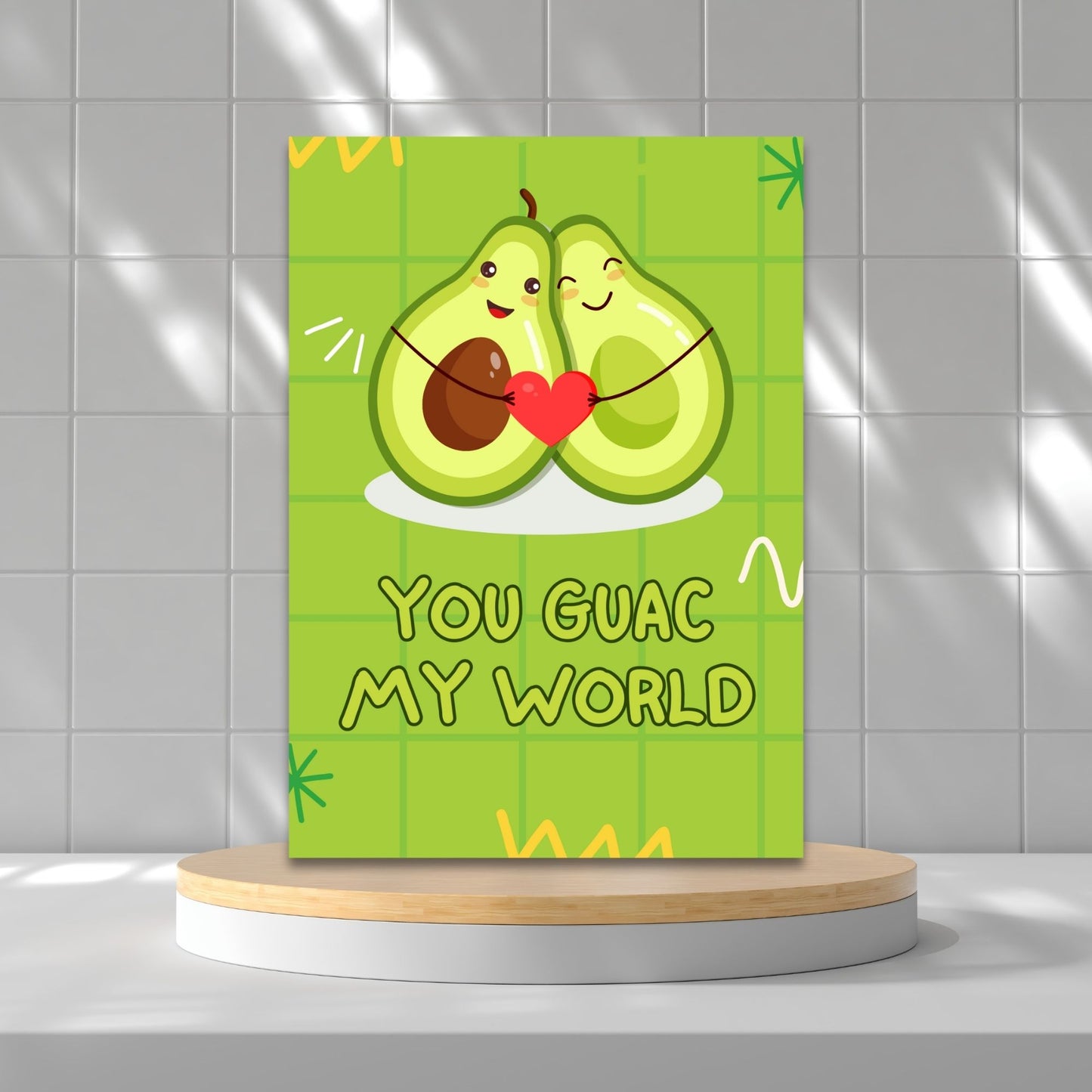Printable Valentine’s Day Greeting Card featuring the phrase “You Guac My World” with an avocado theme. Designed as a 5x7 PDF on an 8.5 x 11 sheet with two cards per page. A fun and punny Valentine’s card for avocado and guacamole lovers.