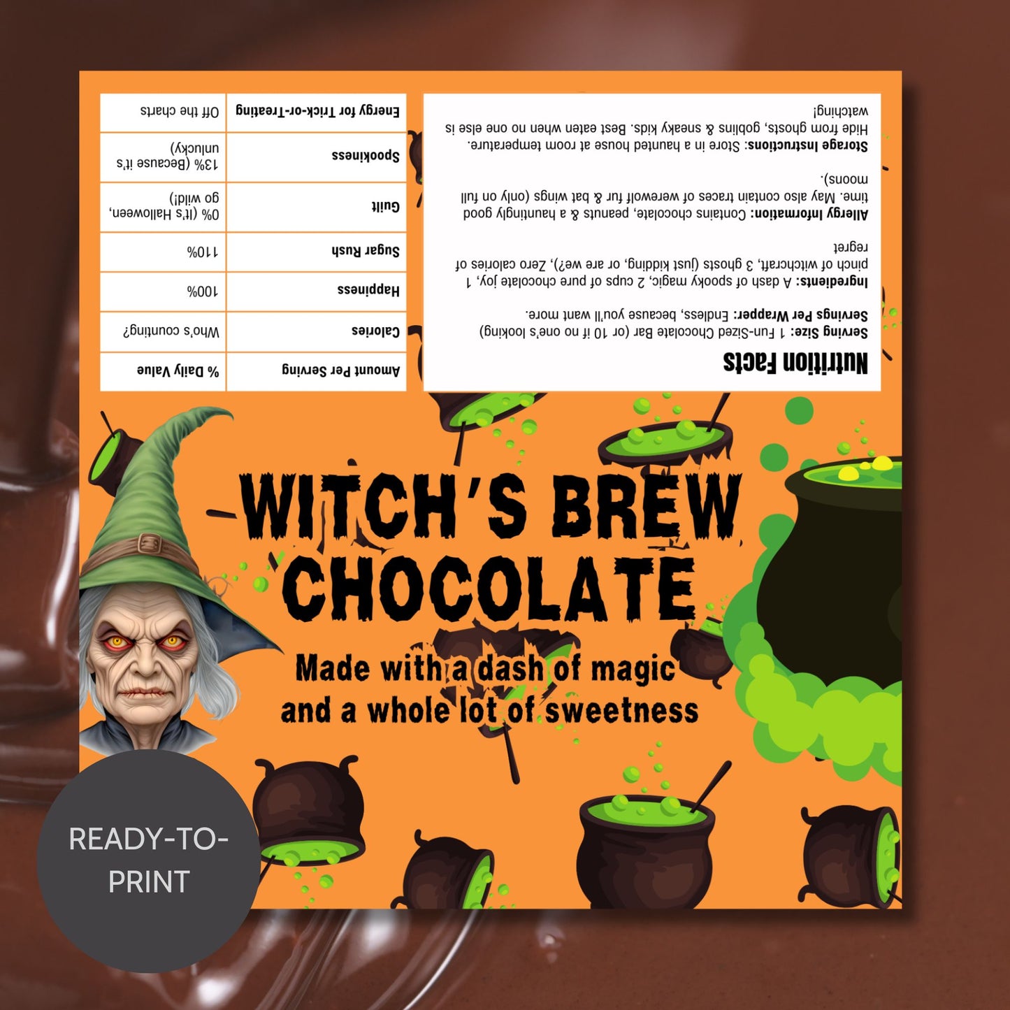 Printable and editable Halloween chocolate bar wrappers with witch and cauldron design, perfect for Halloween parties and trick-or-treat.