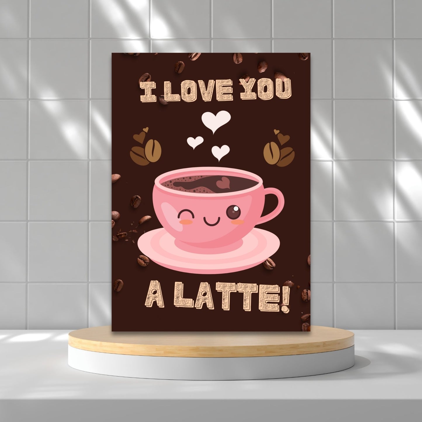 Printable Valentine’s Day Greeting Card featuring the phrase “I Love You a Latte” with a coffee theme. Designed as a 5x7 PDF on an 8.5 x 11 sheet with two cards per page. A warm and punny Valentine’s card for coffee lovers.