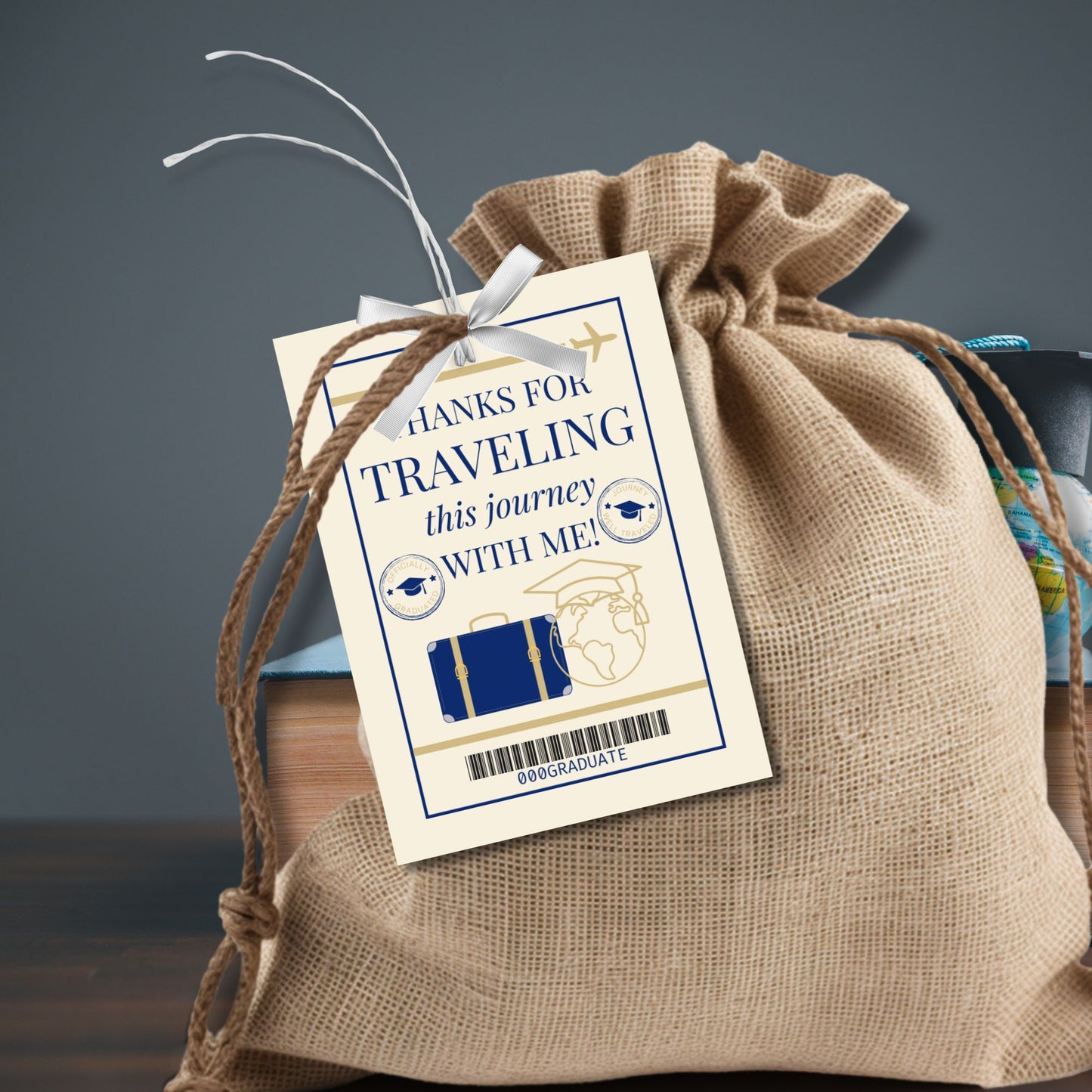 Editable passport-style graduation gift tag, printable digital favor tag with luggage and globe design, travel-themed grad party decoration