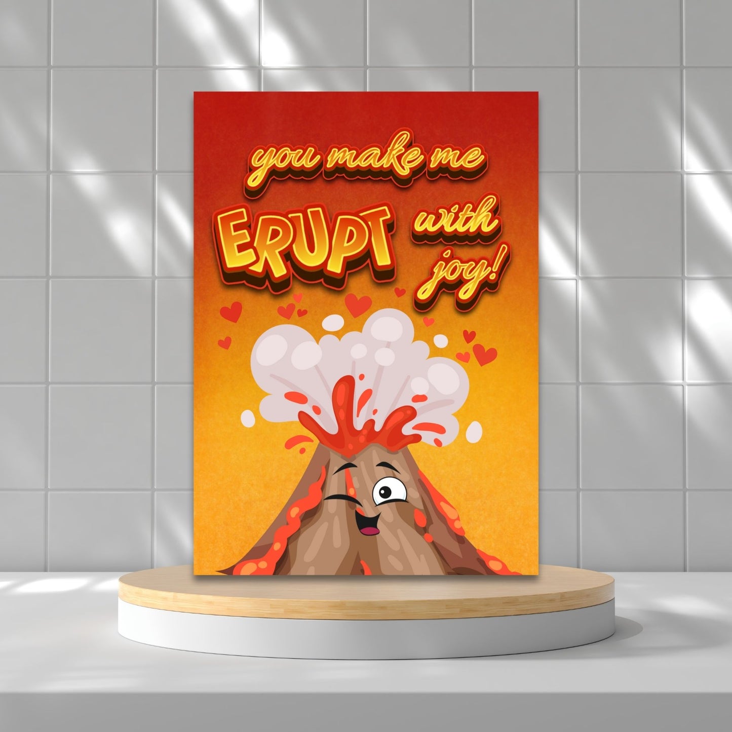 Printable Valentineās Day Greeting Card featuring the pun āYou Make Me Erupt with Joy.ā Designed as a 5x7 PDF on an 8.5 x 11 sheet with two cards per page. A fun and heartfelt Valentineās card for volcano lovers.