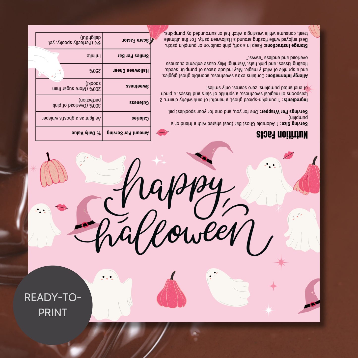 Printable and editable pastel pink Halloween chocolate bar wrapper featuring cute ghosts, pumpkins, and witch hats, perfect for a sweet and spooky Halloween.