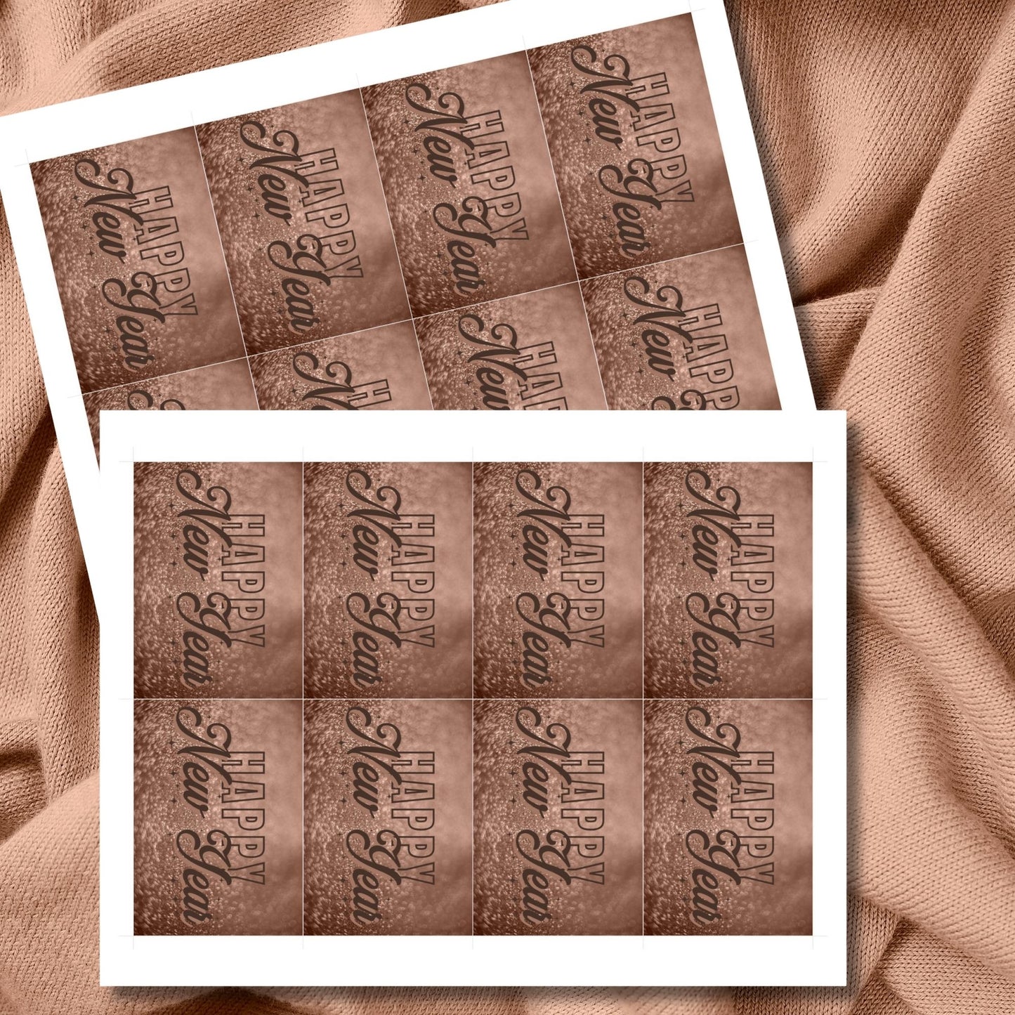 Elegant Mocha Mousse Happy New Year gift tags featuring the 2025 Color of the Year design, perfect for holiday gifting, with "Happy New Year" text in stylish typography. Printable, 2.5 x 3.5 inches, 8 per sheet.
