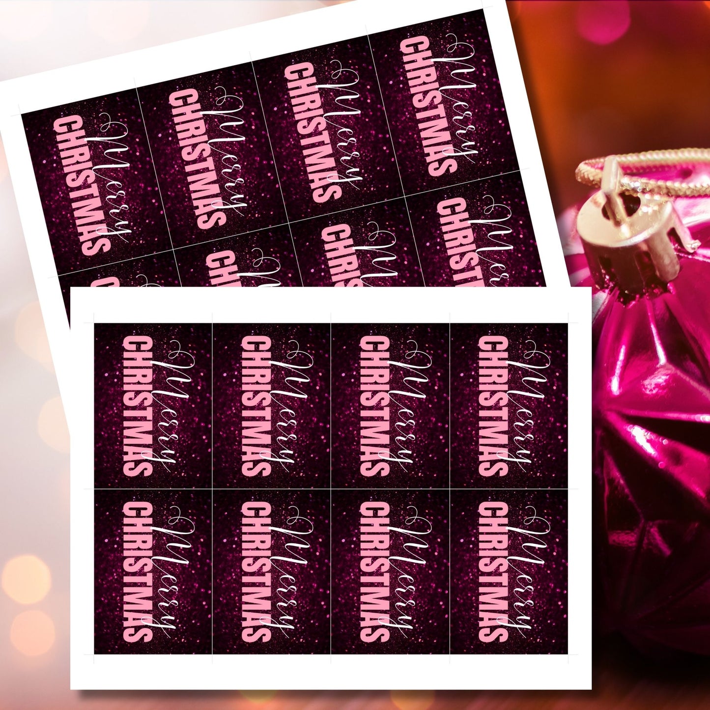 Printable pink and magenta Christmas gift tags featuring a glittery magenta background with light pink "Merry Christmas" text, sized 2.5 x 3.5 inches, 8 tags per sheet.