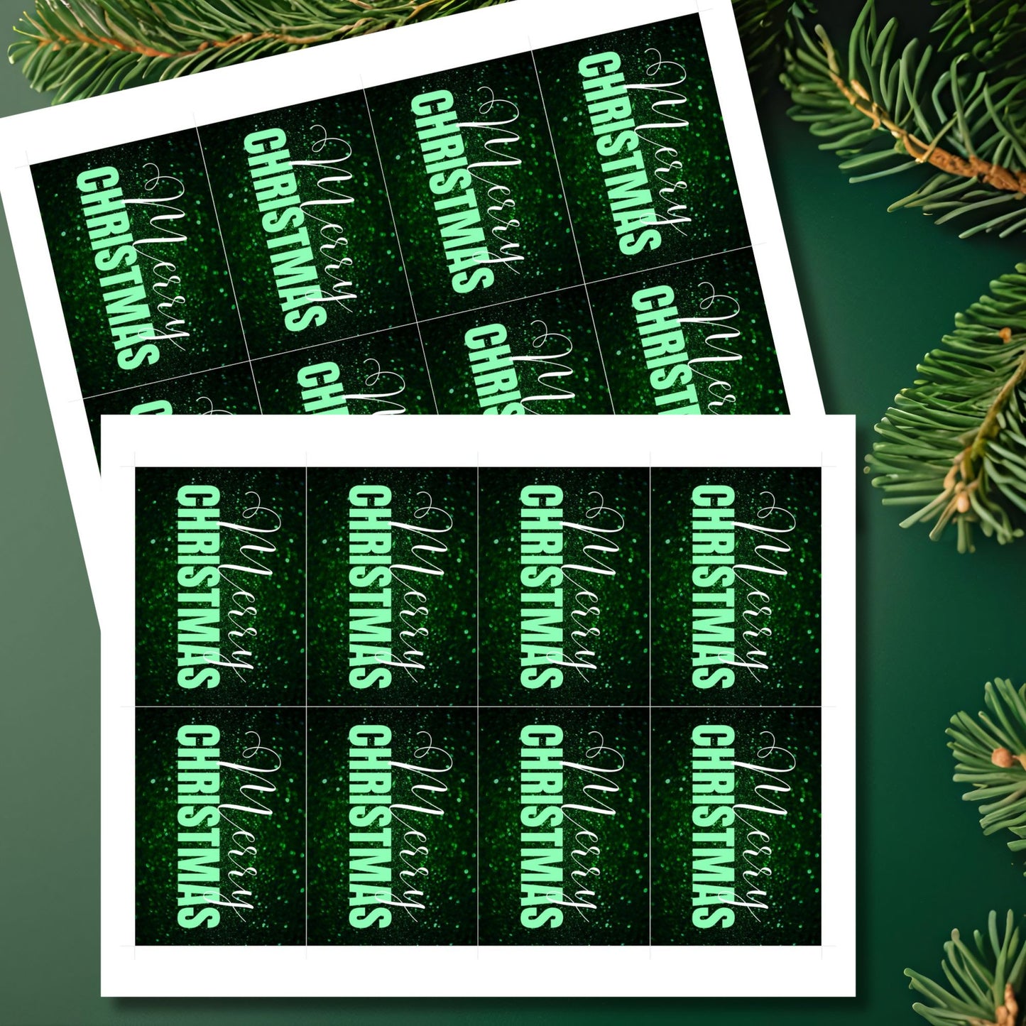 Green-themed ready-to-print Christmas gift tags featuring a glittery green background with elegant "Merry Christmas" text, 2.5 x 3.5 inches, 8 per 8.5 x 11-inch sheet.