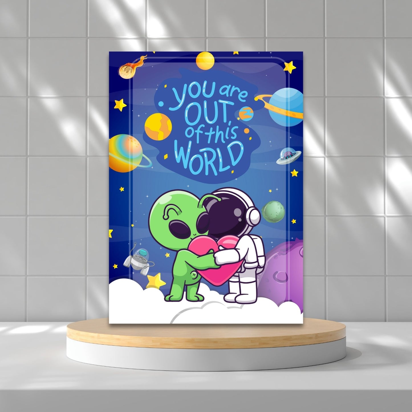 Printable Valentineās Day Greeting Card featuring the phrase āYou Are Out of This World.ā Designed as a 5x7 PDF on an 8.5 x 11 sheet with two cards per page. A cosmic and fun Valentineās card for space lovers.