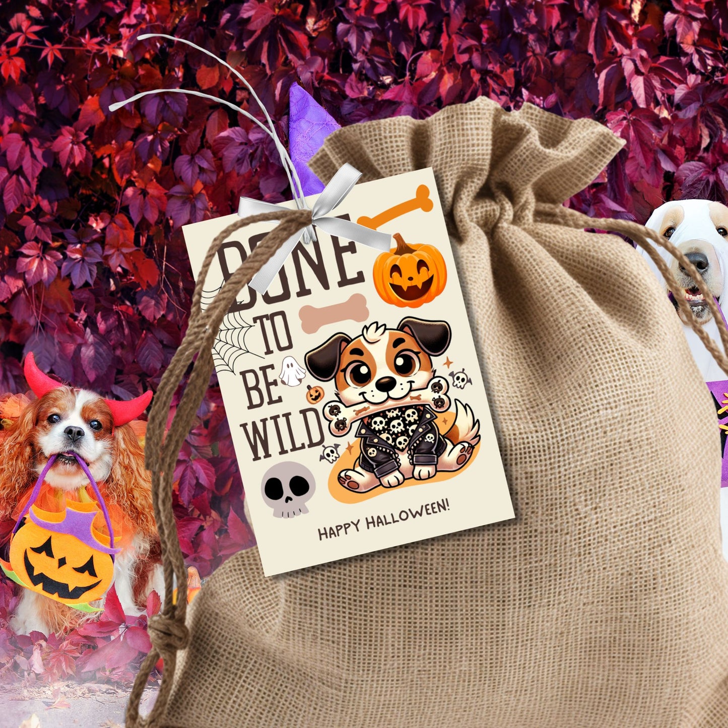 Printable dog-themed Halloween gift tags with the message "Bone to Be Wild." Featuring a playful dog in Halloween attire, these tags are 2.5 x 3.5 inches, laid out 8 per sheet on an 8.5 x 11-inch page. Includes a printable PDF and a PDF with a link to an editable Canva template.