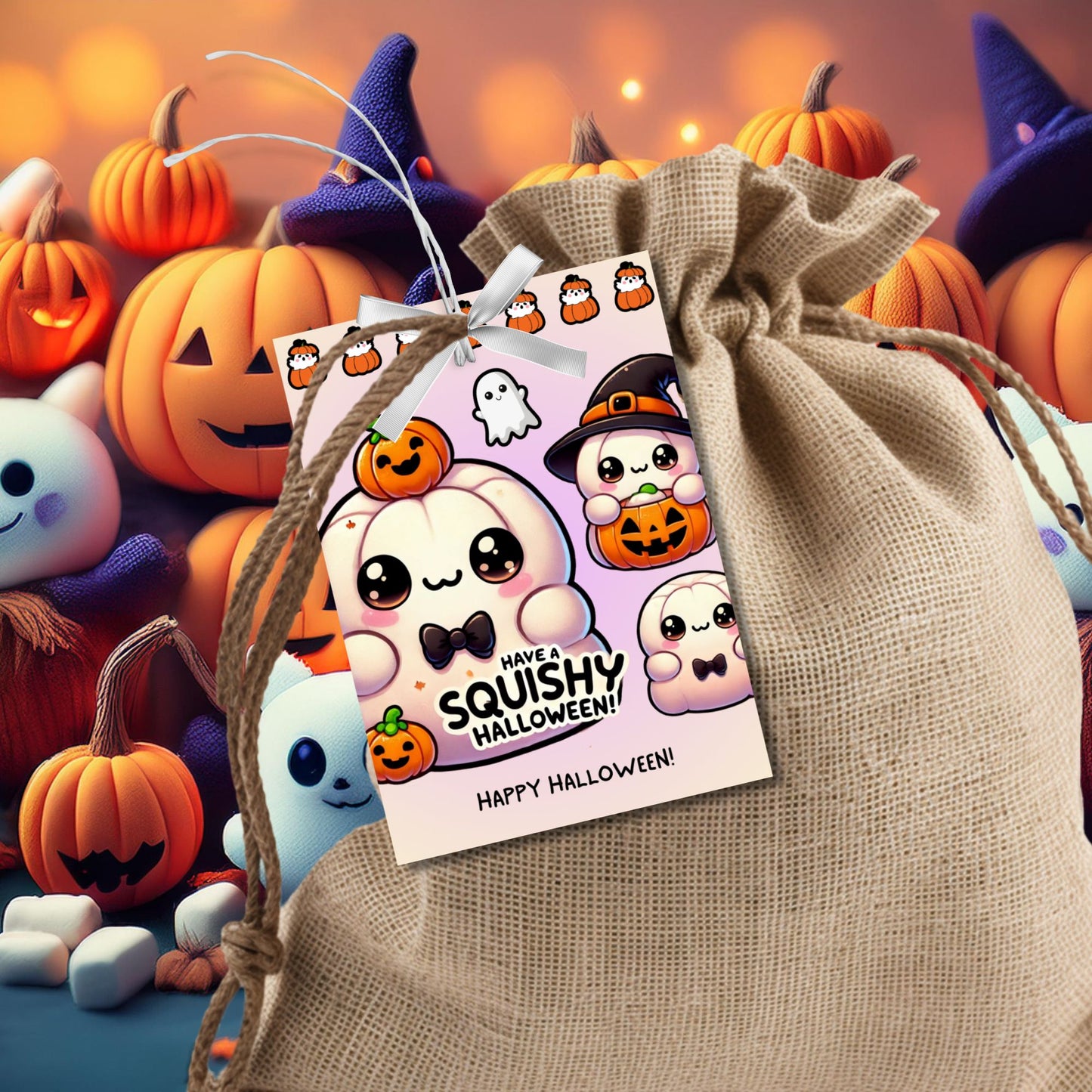 Adorable Halloween-themed printable gift tags featuring cute Squishmallow-style pumpkins and ghosts. The tag reads "Have a Squishy Halloween!" Perfect for Halloween treats, sized 2.5 x 3.5 inches, laid out 8 per sheet. Includes a printable PDF and a link to an editable Canva template.