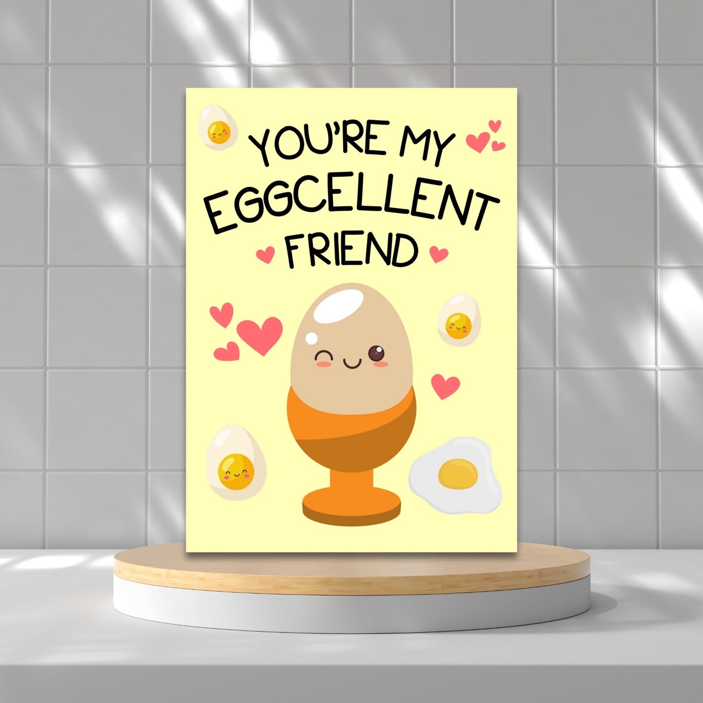 Printable Valentineās Day Greeting Card featuring the pun āYou're My Eggcellent Friend.ā Designed as a 5x7 PDF on an 8.5 x 11 sheet with two cards per page. A fun and heartfelt Valentineās card for friends and food lovers.