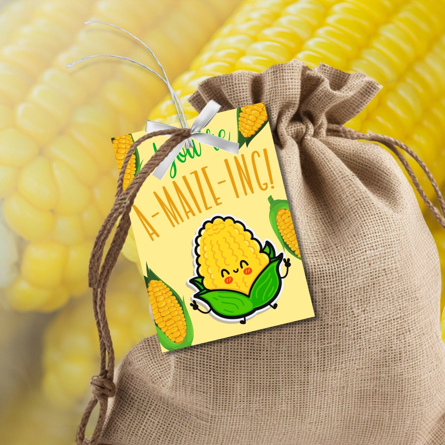 Editable corn-themed fall gift tags with the message 'You're A-MAIZE-ING!' in 2.5 x 3.5 inches, 8 per sheet, available as printable and customizable PDFs.