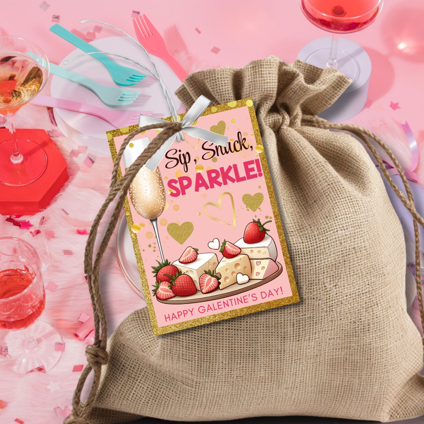 Chic printable and editable Galentine’s Day gift tags featuring champagne, cheese, strawberries, and the message "Sip, Snack, Sparkle!" Perfect for wine nights, brunch, or Galentine’s gift bags.