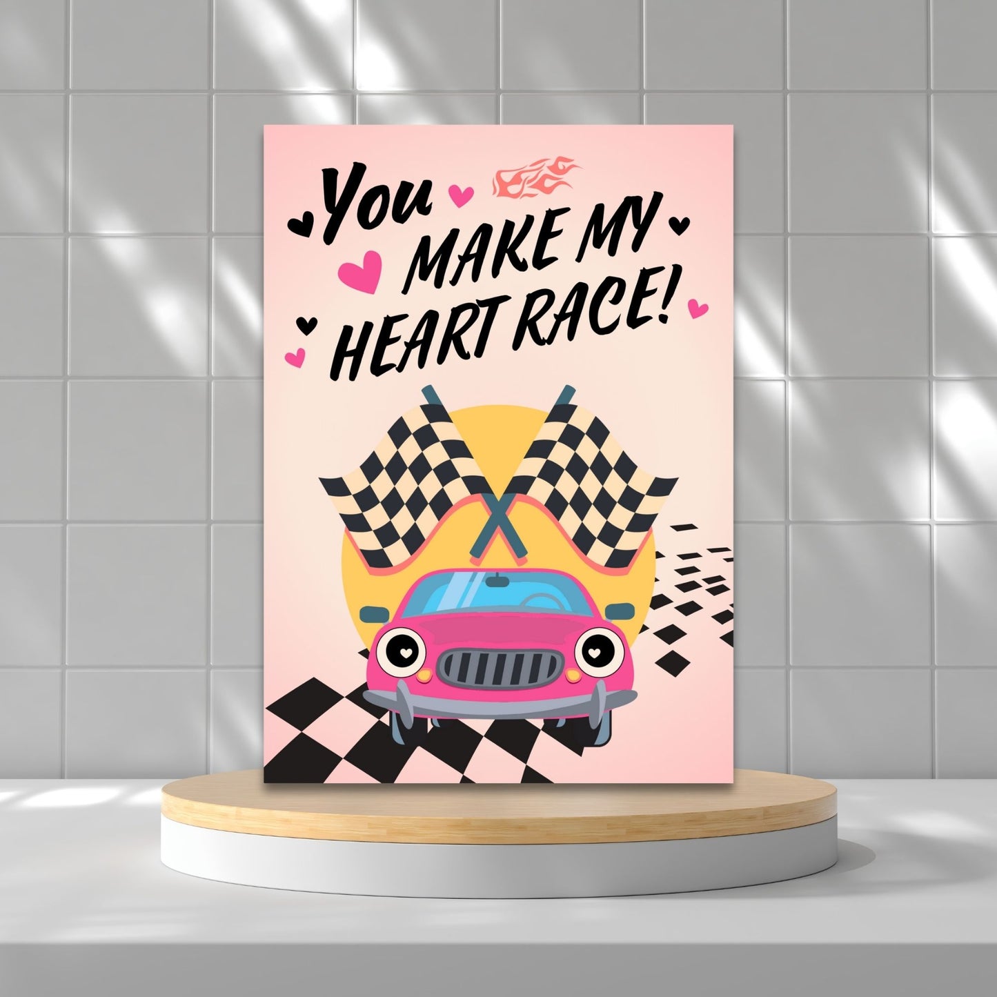 Printable Valentineās Day Greeting Card featuring the phrase āYou Make My Heart Race.ā Designed as a 5x7 PDF on an 8.5 x 11 sheet with two cards per page. A fun and high-energy Valentineās card for car lovers.