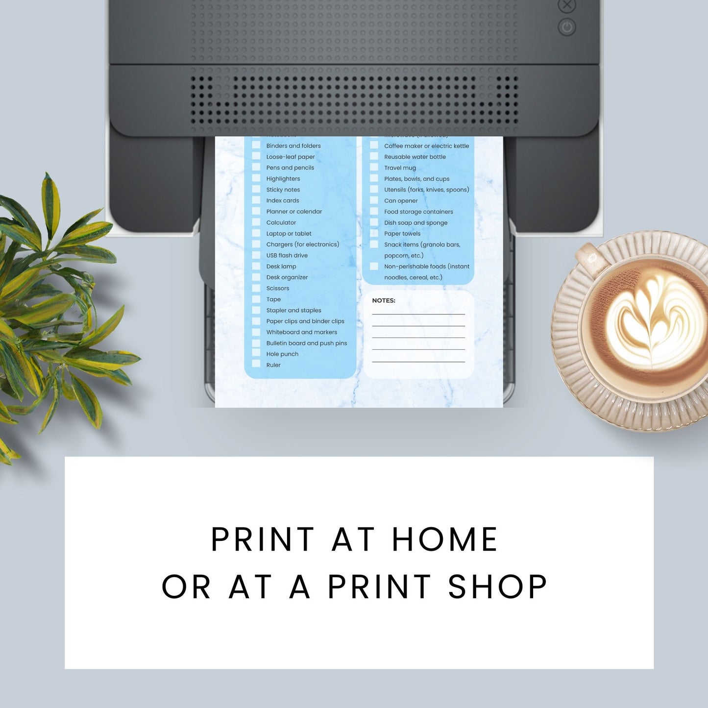 Printable Dorm Checklist with a stylish blue marble design, listing all essential items for college students.