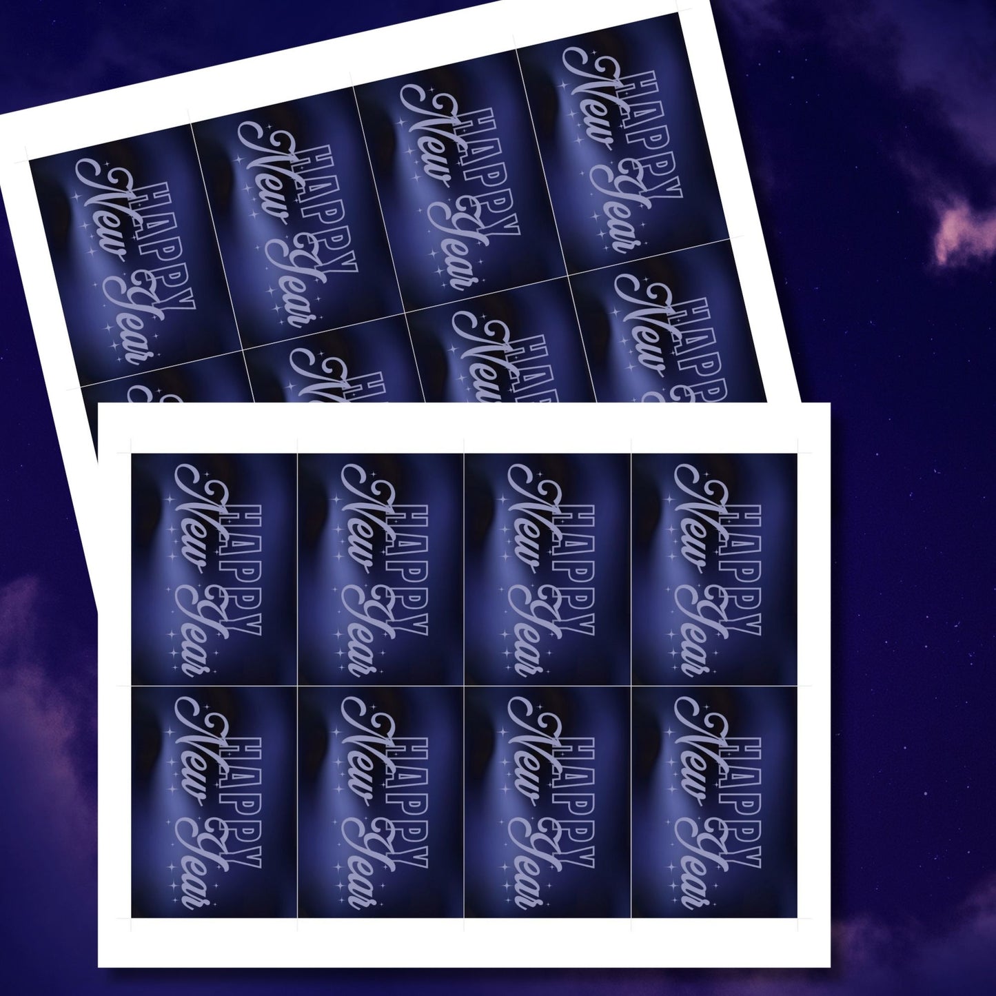 Future Dusk Happy New Year gift tags featuring the 2025 Color of the Year, with sleek midnight blue gradient and modern typography, perfect for holiday gifting. Printable, 2.5 x 3.5 inches, 8 per sheet.