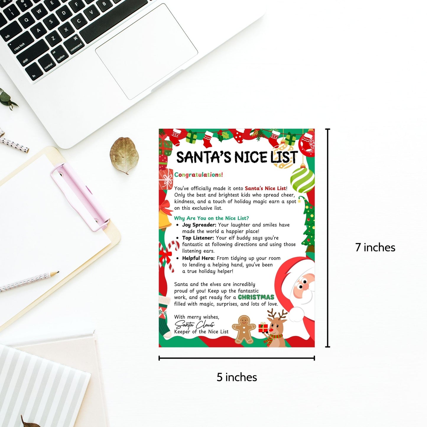 A festive Printable Santa’s Nice List card, sized 5x7 inches, featuring cheerful holiday designs and a classic Santa-approved message, perfect for celebrating those who made it to the Nice List this Christmas.